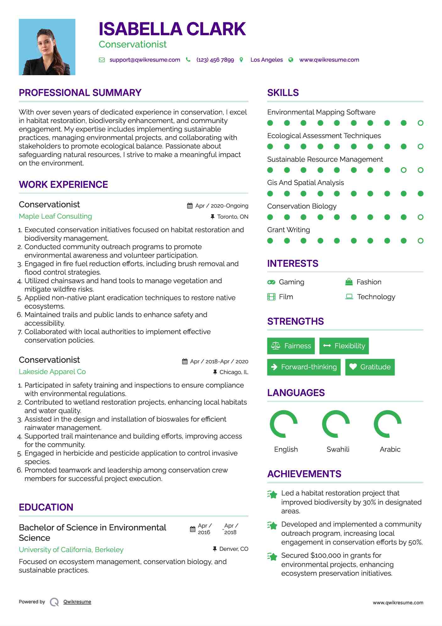 Conservationist Resume Example
