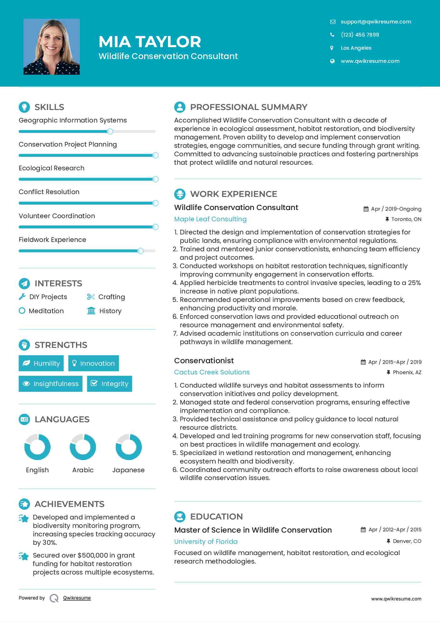Wildlife Conservation Consultant Resume Template