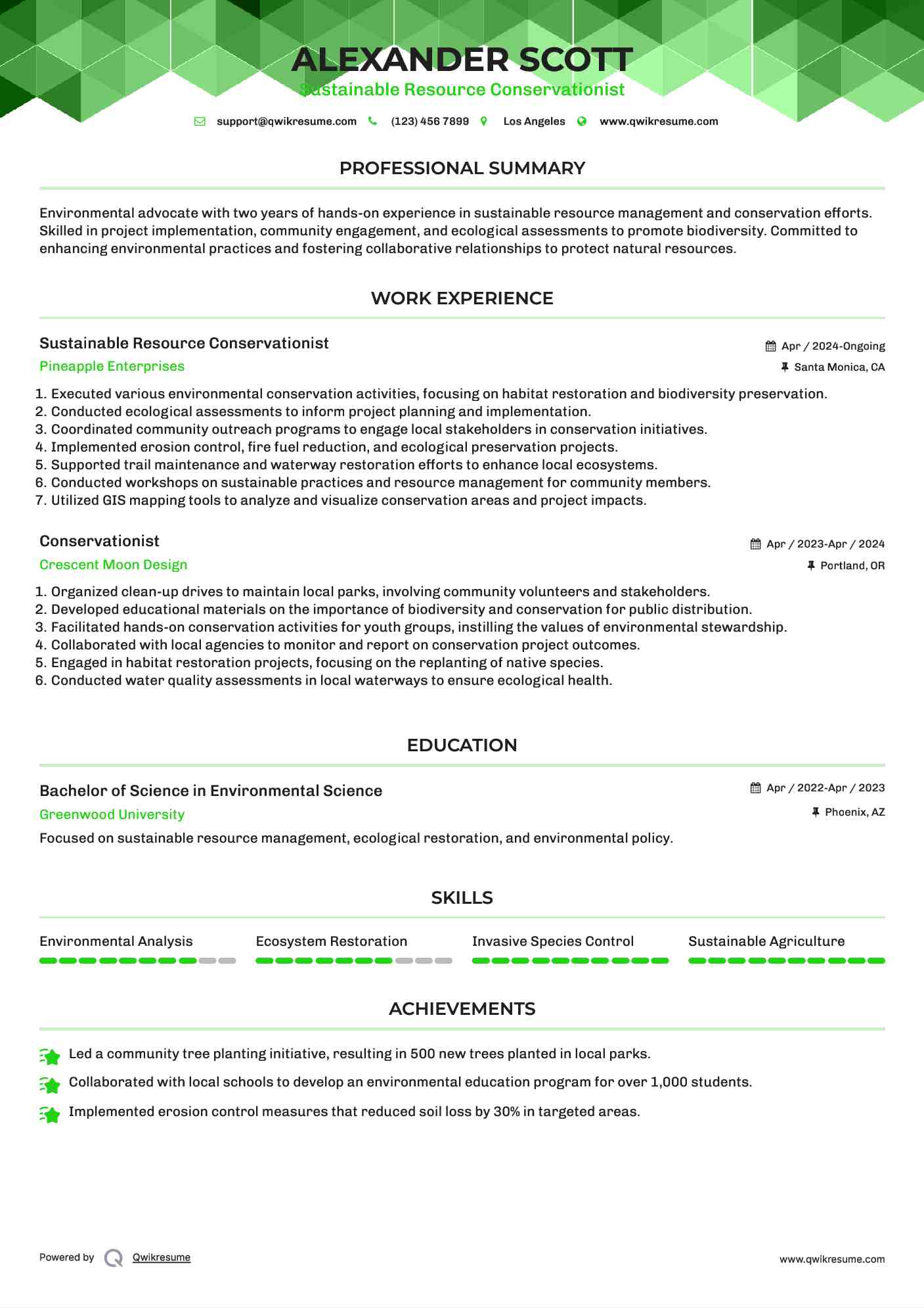 Sustainable Resource Conservationist Resume Example