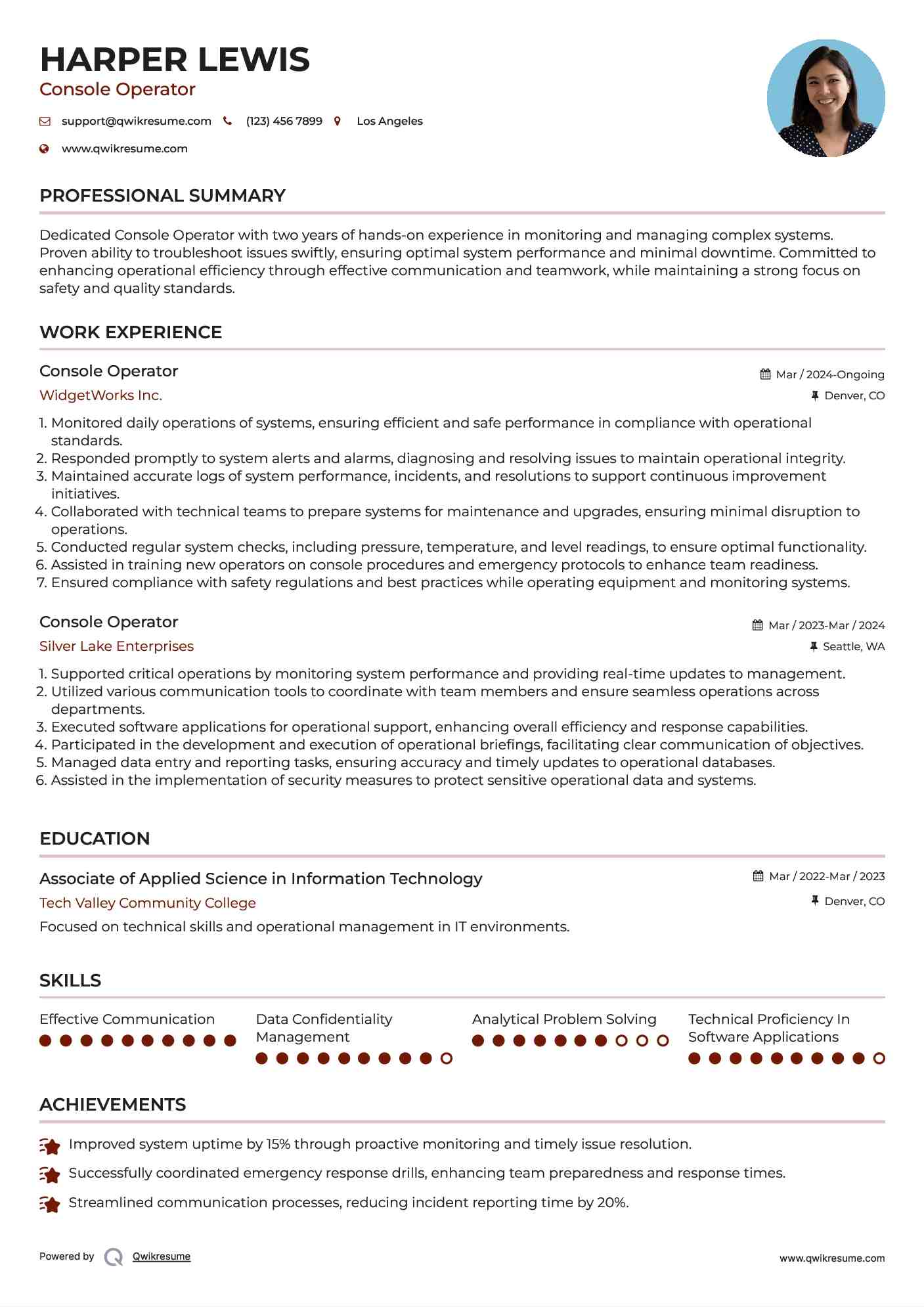 Console Operator Resume Template