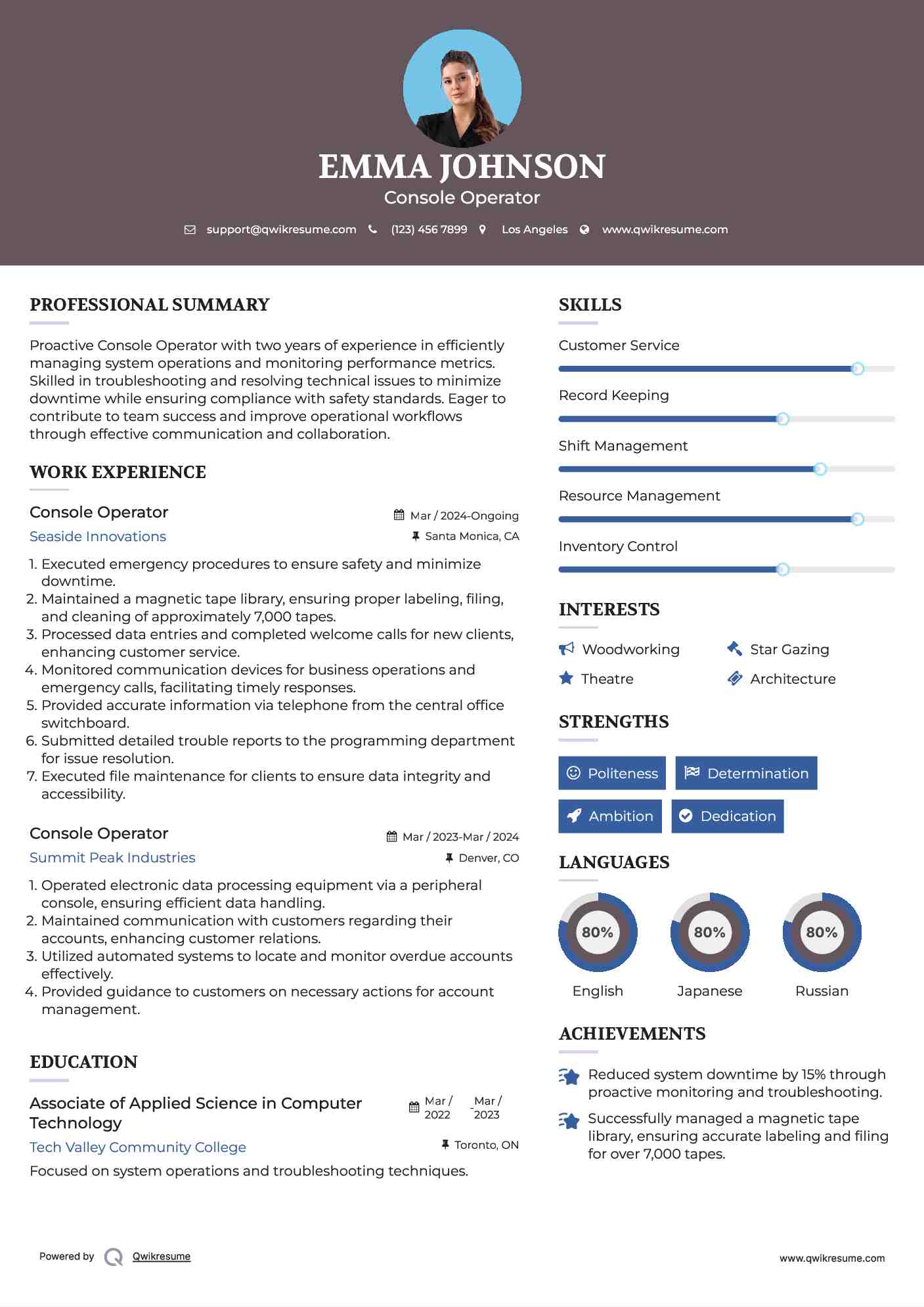 Console Operator Resume Template