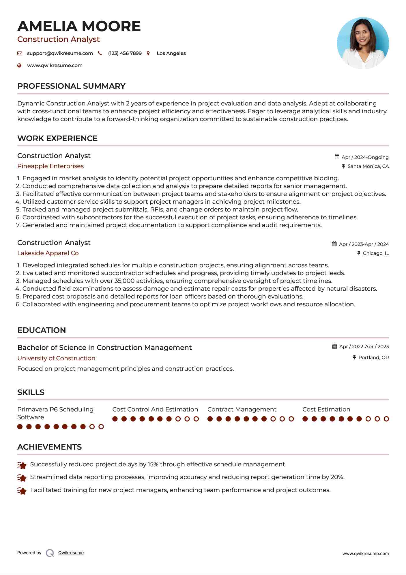 Construction Analyst Resume Example