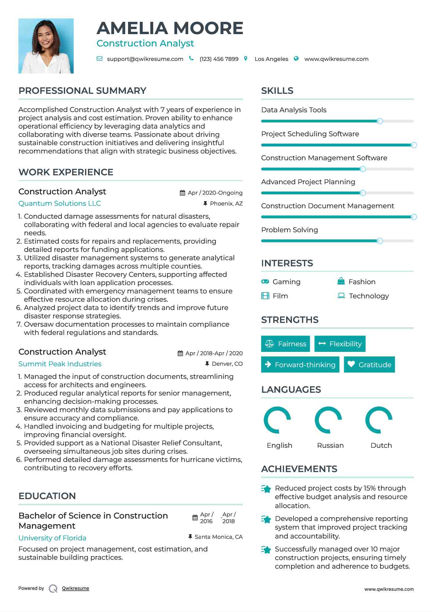 Construction Analyst Resume Format