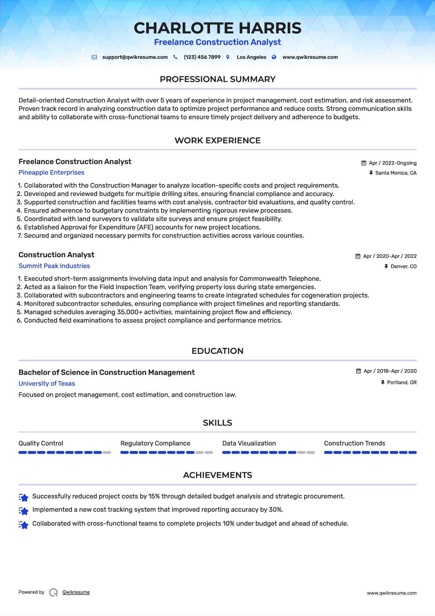 Freelance Construction Analyst Resume Template