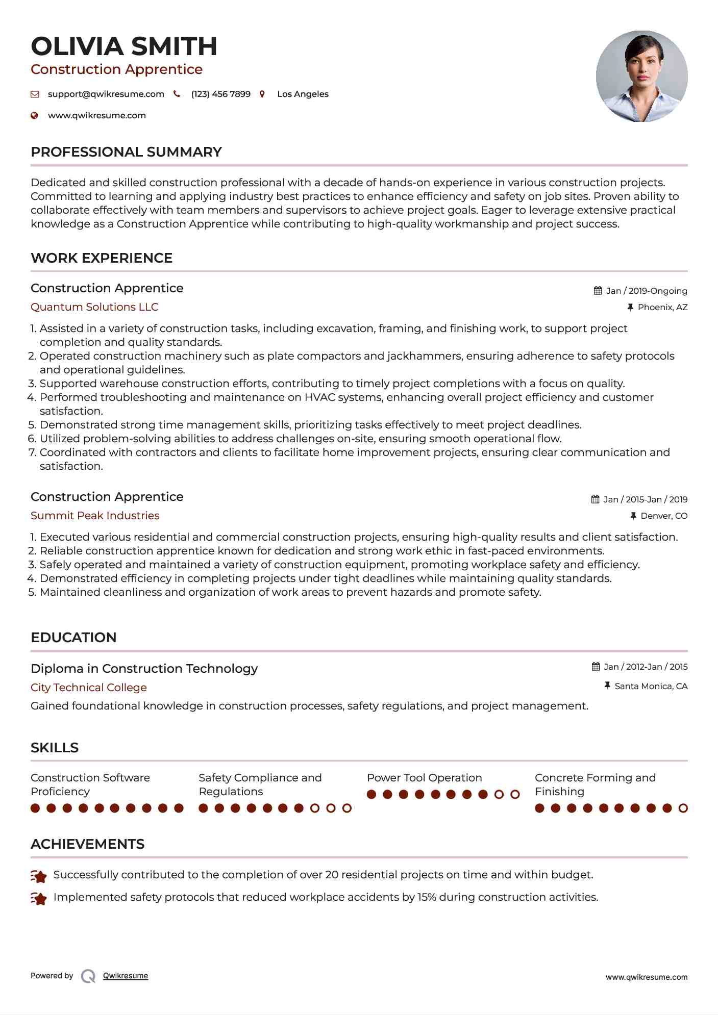 Construction Apprentice Resume Example