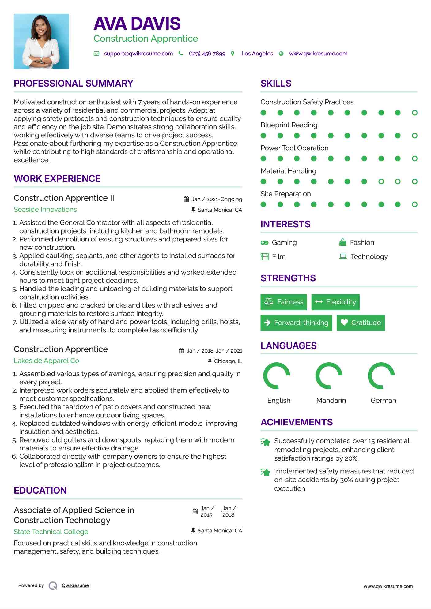 Construction Apprentice II Resume Model