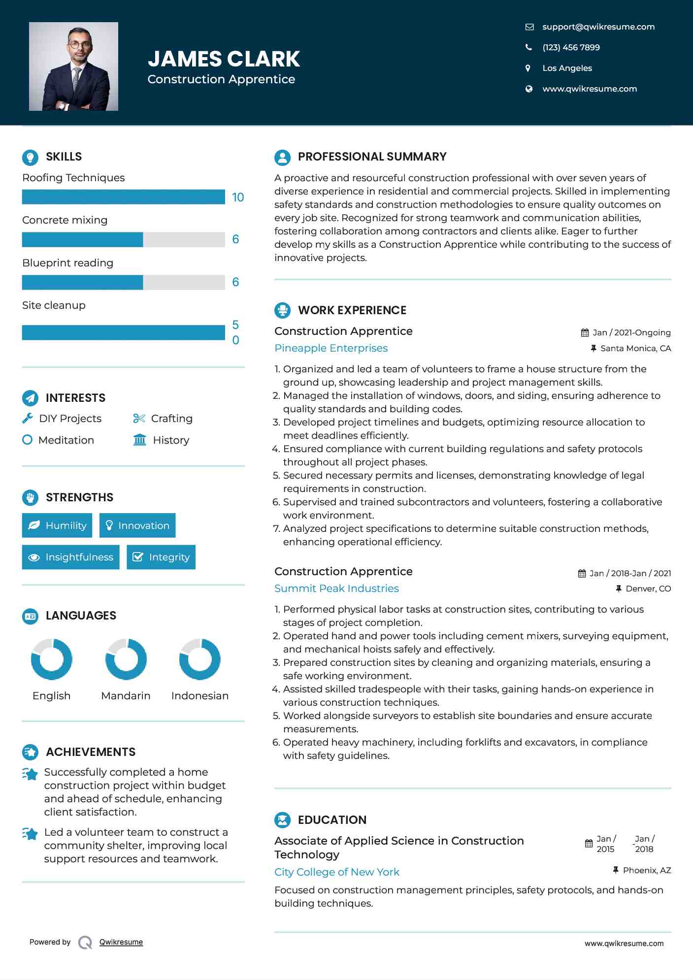 Construction Apprentice Resume Example