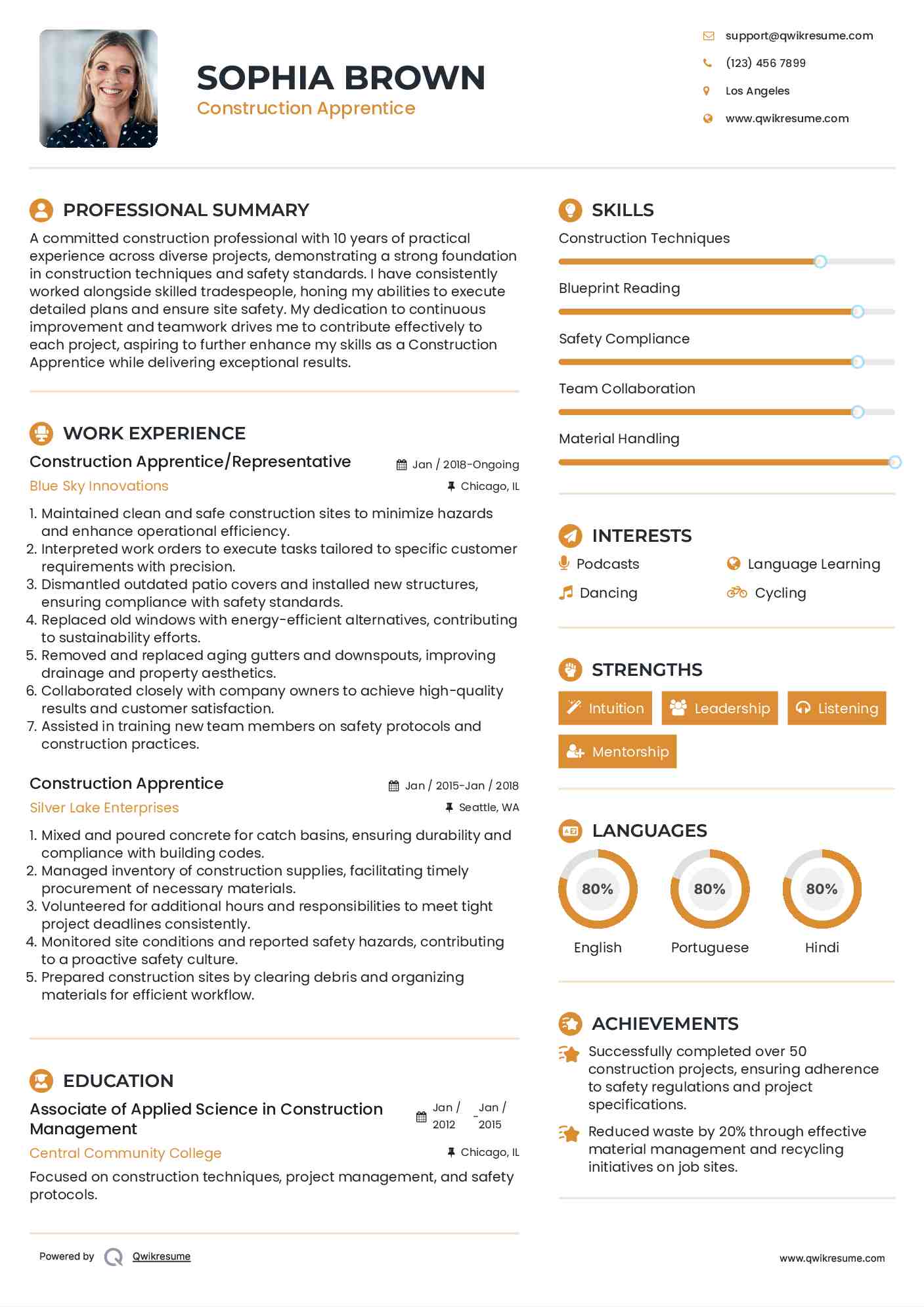 Construction Apprentice/Representative Resume Example