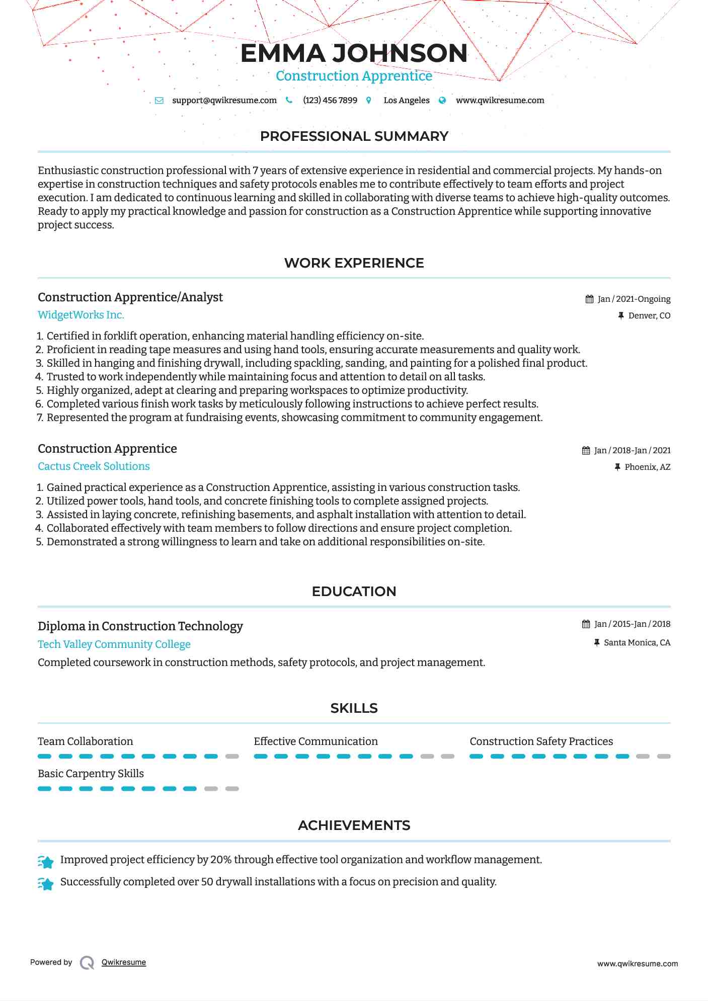 Construction Apprentice/Analyst Resume Format