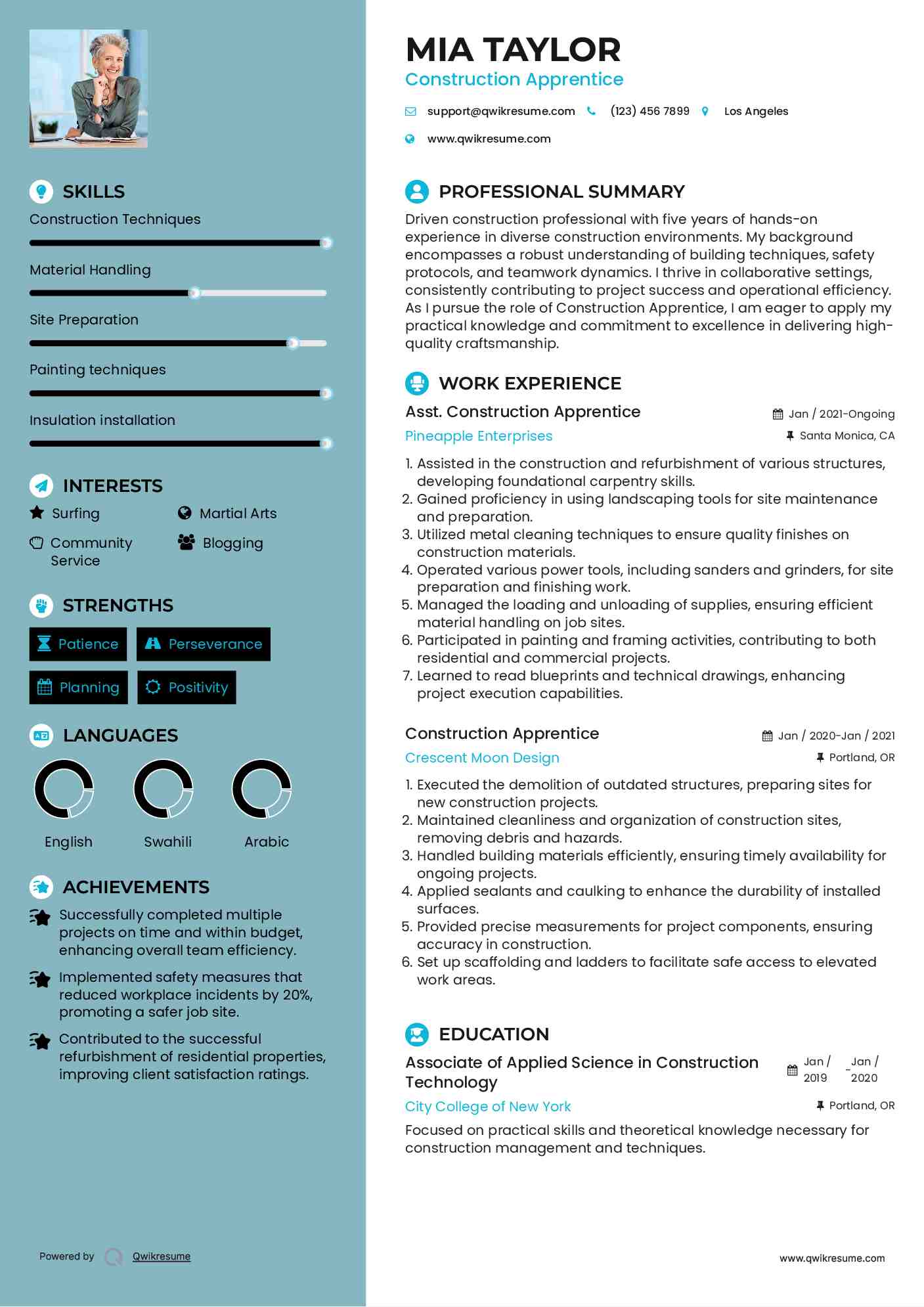 Asst. Construction Apprentice Resume Sample