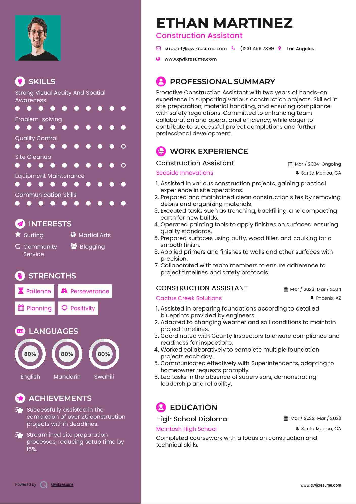 Construction Assistant Resume Model