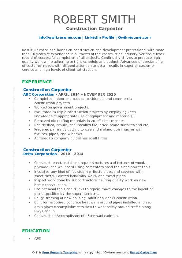 Construction Carpenter Resume Samples QwikResume