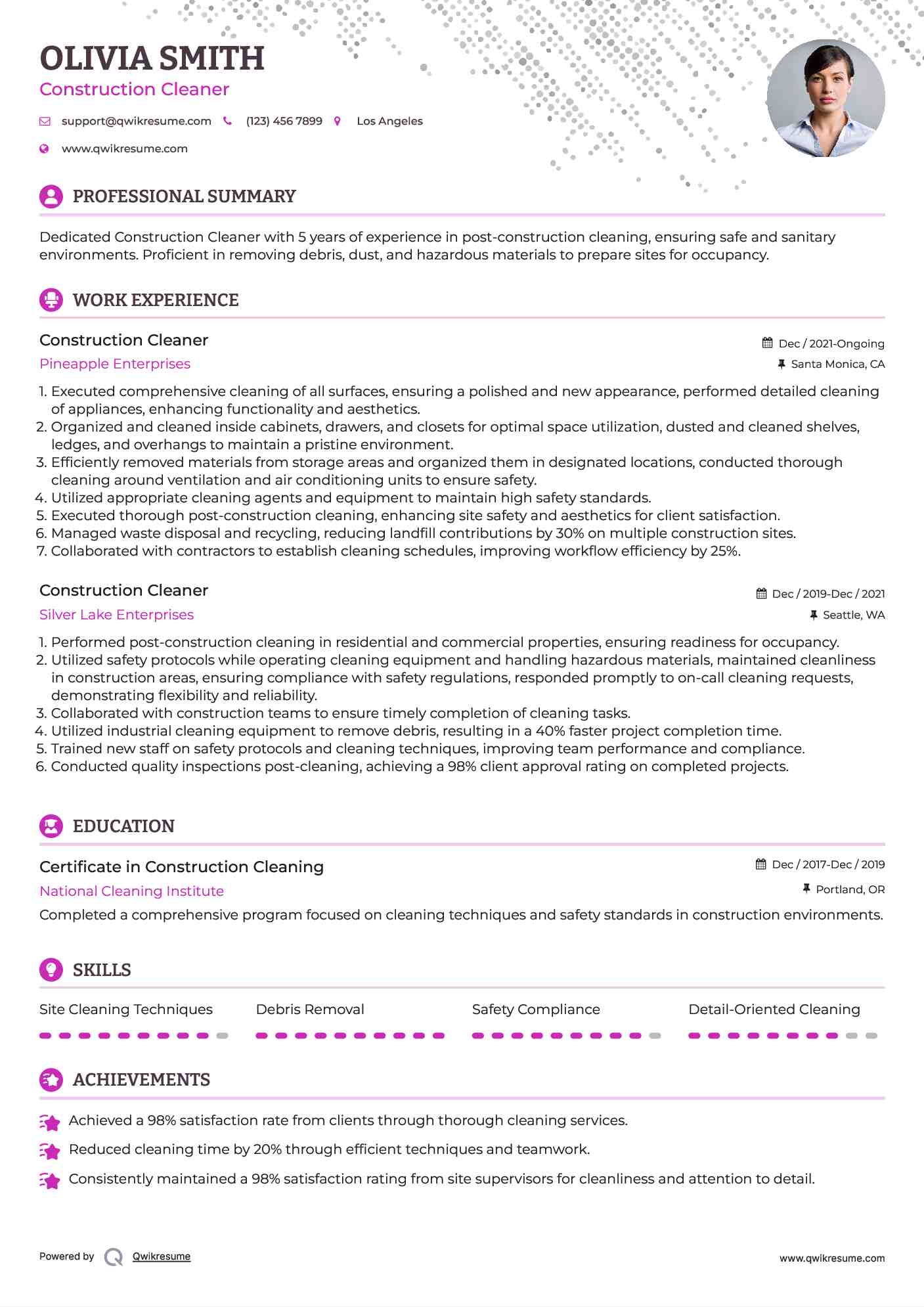 Construction Cleaner Resume Example