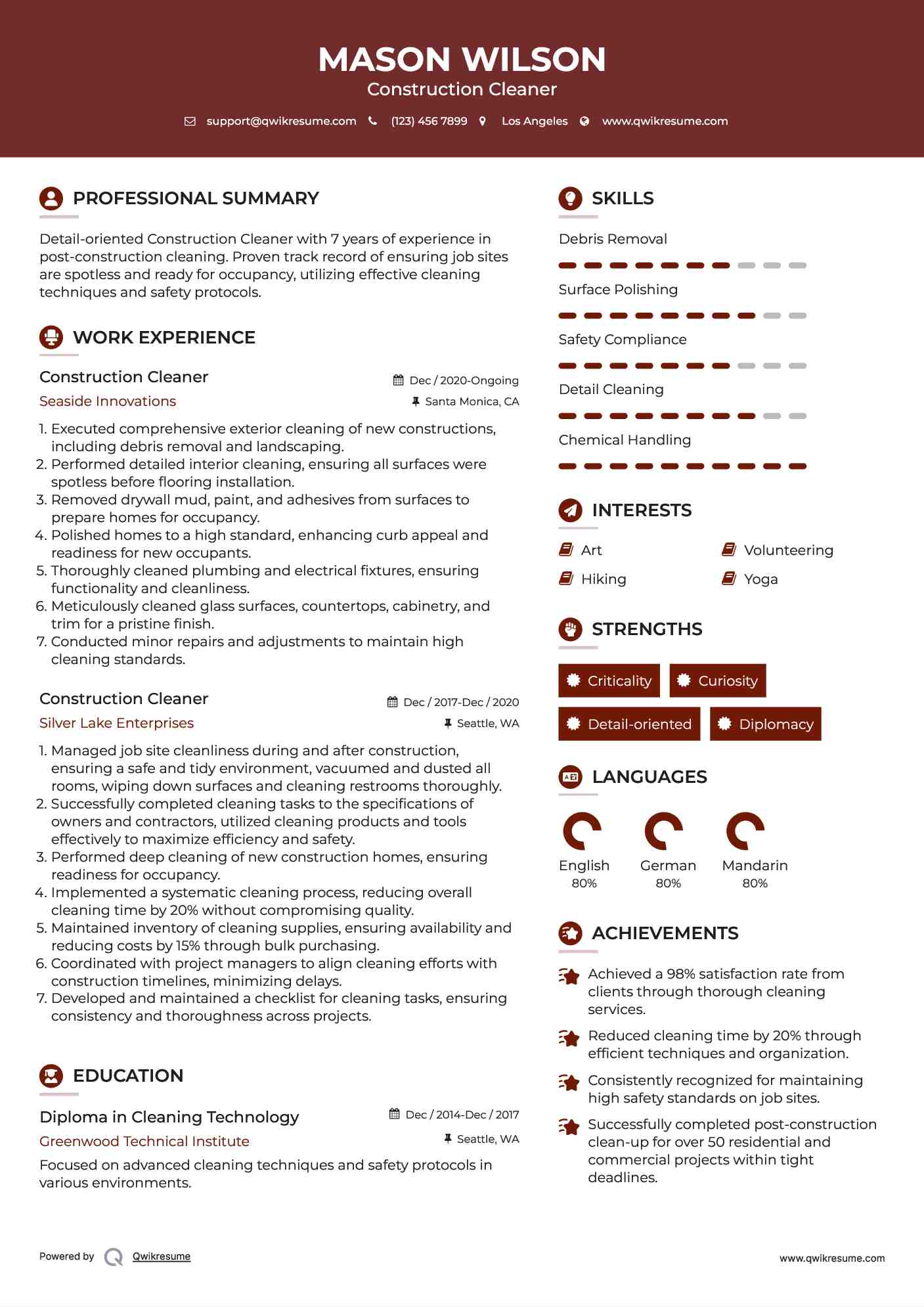 Construction Cleaner Resume Example