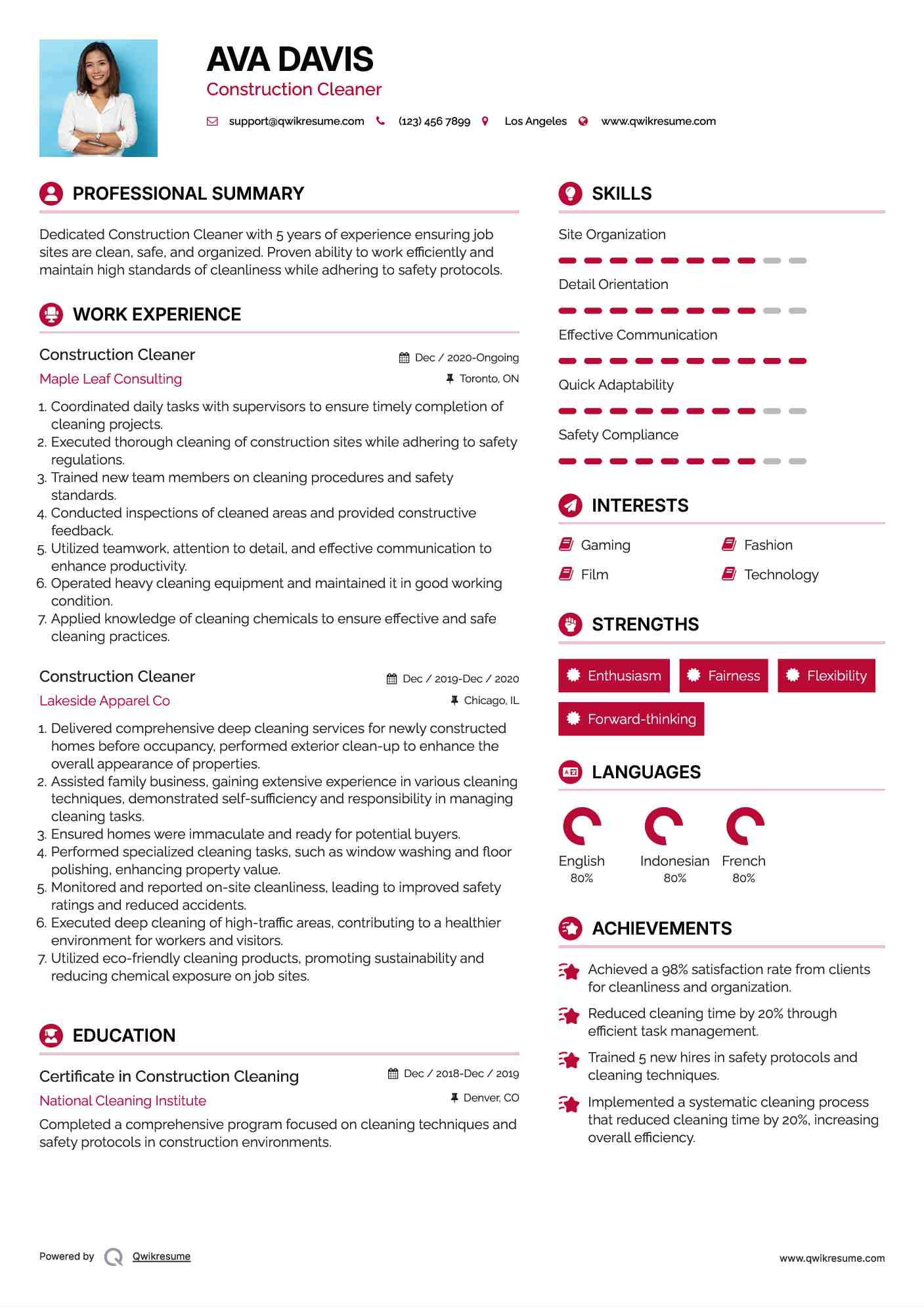 Construction Cleaner Resume Template