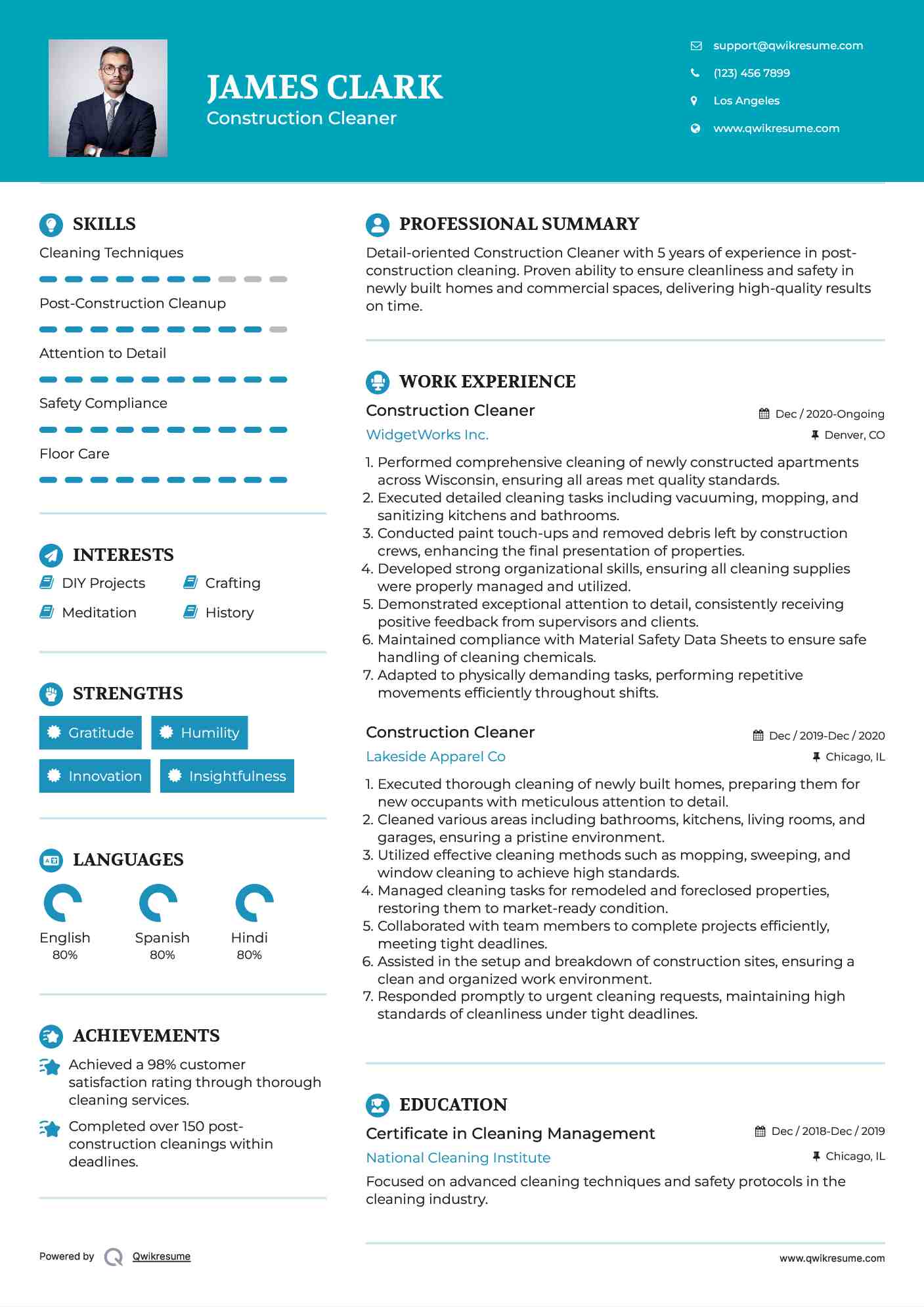 Construction Cleaner Resume Sample