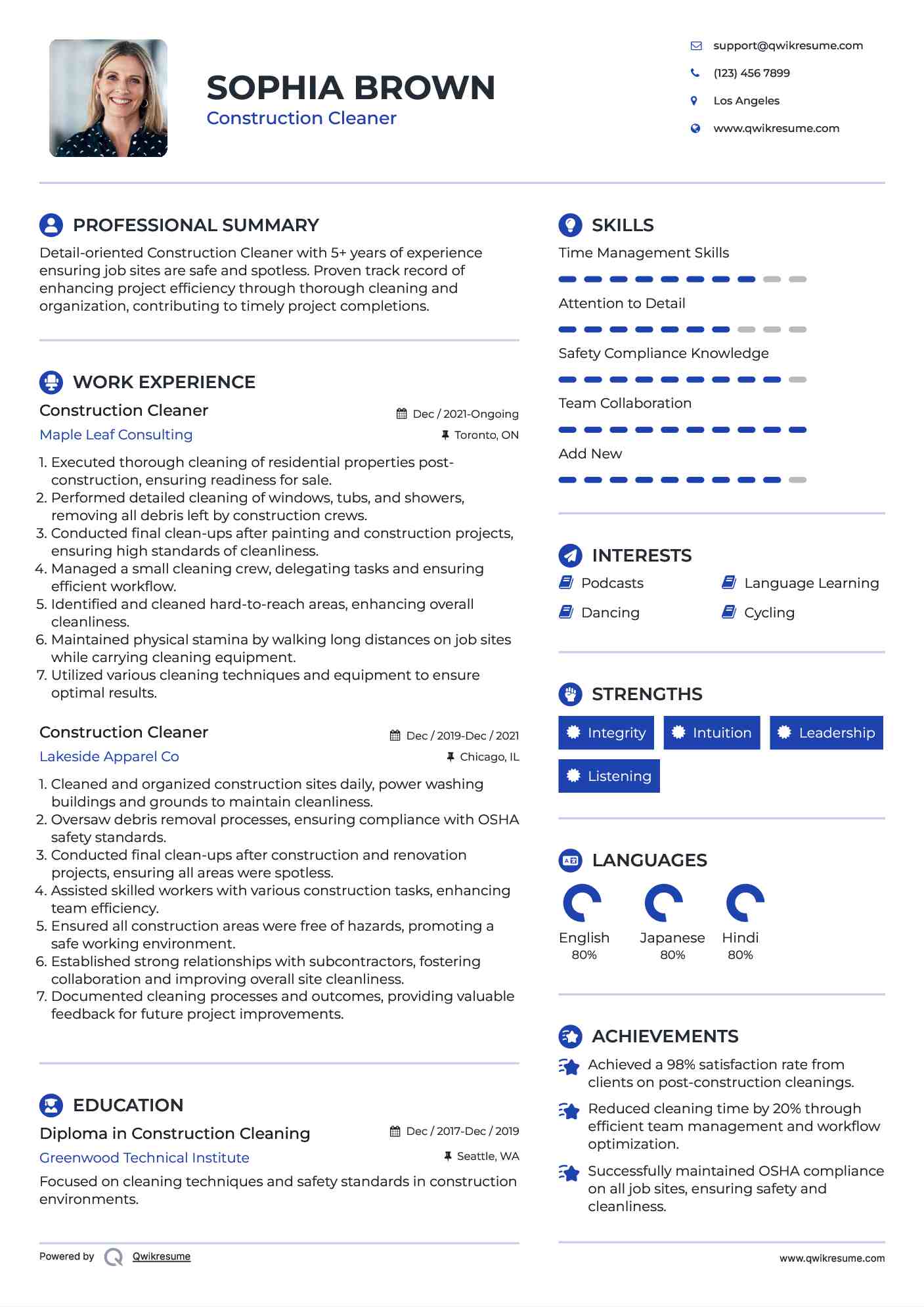 Construction Cleaner Resume Template
