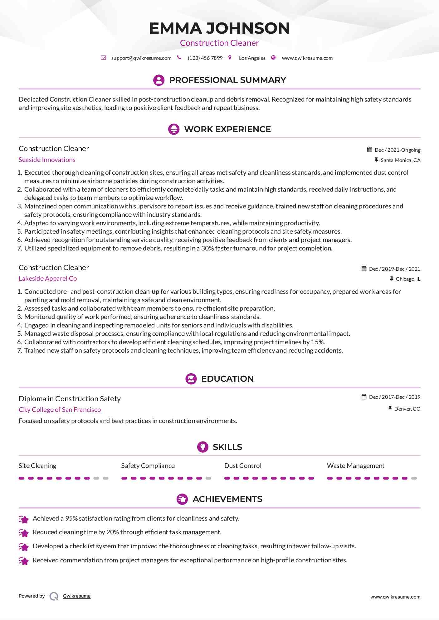 Construction Cleaner Resume Model