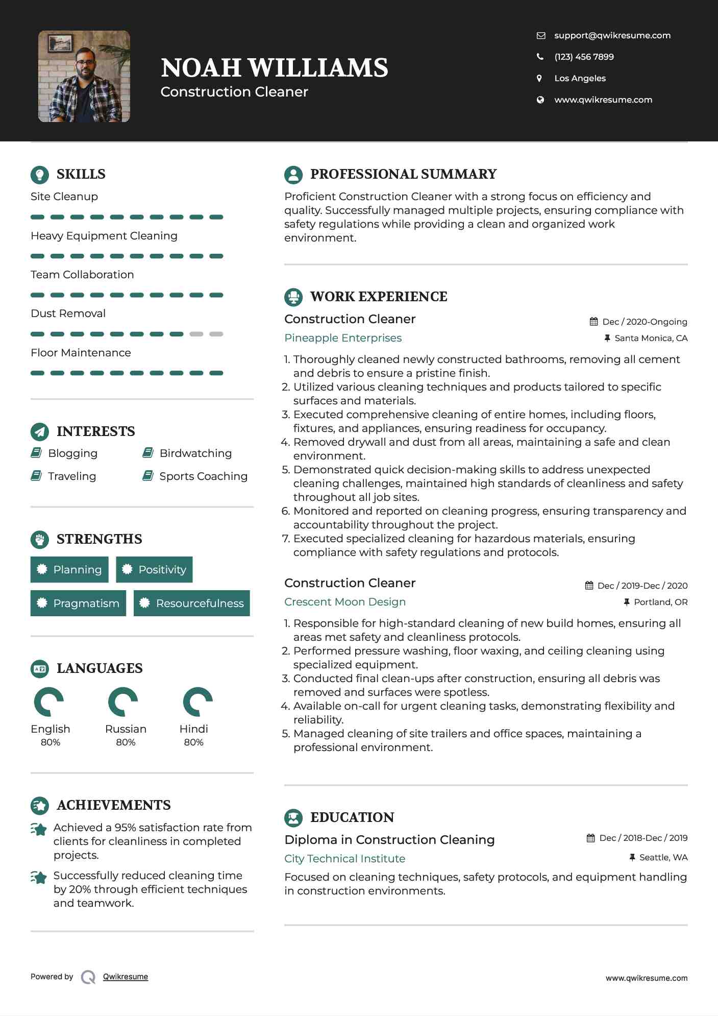 Construction Cleaner Resume Sample