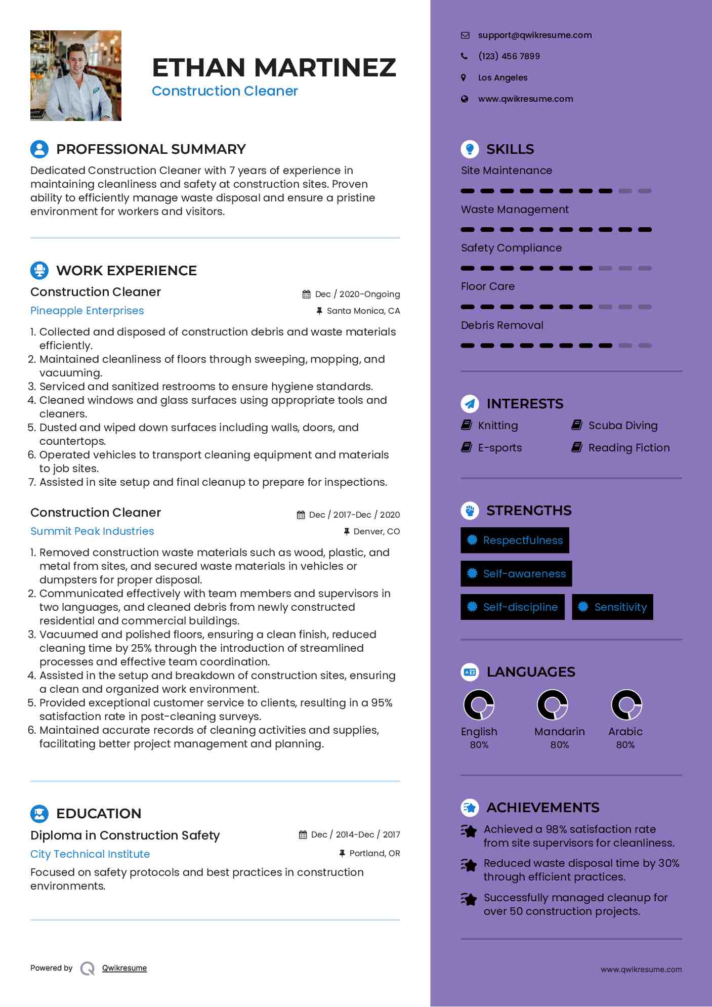 Construction Cleaner Resume Format