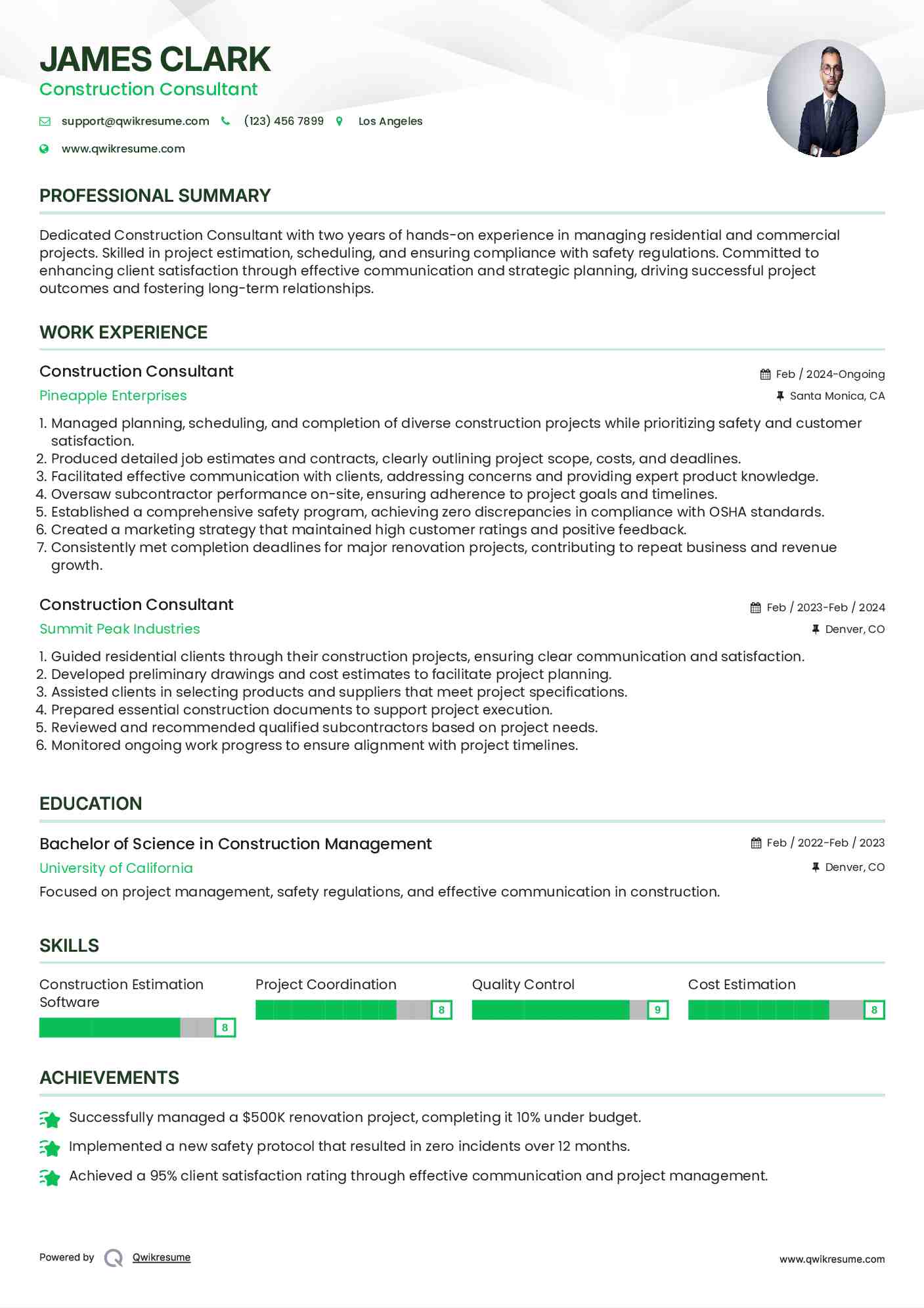 Construction Consultant Resume Example