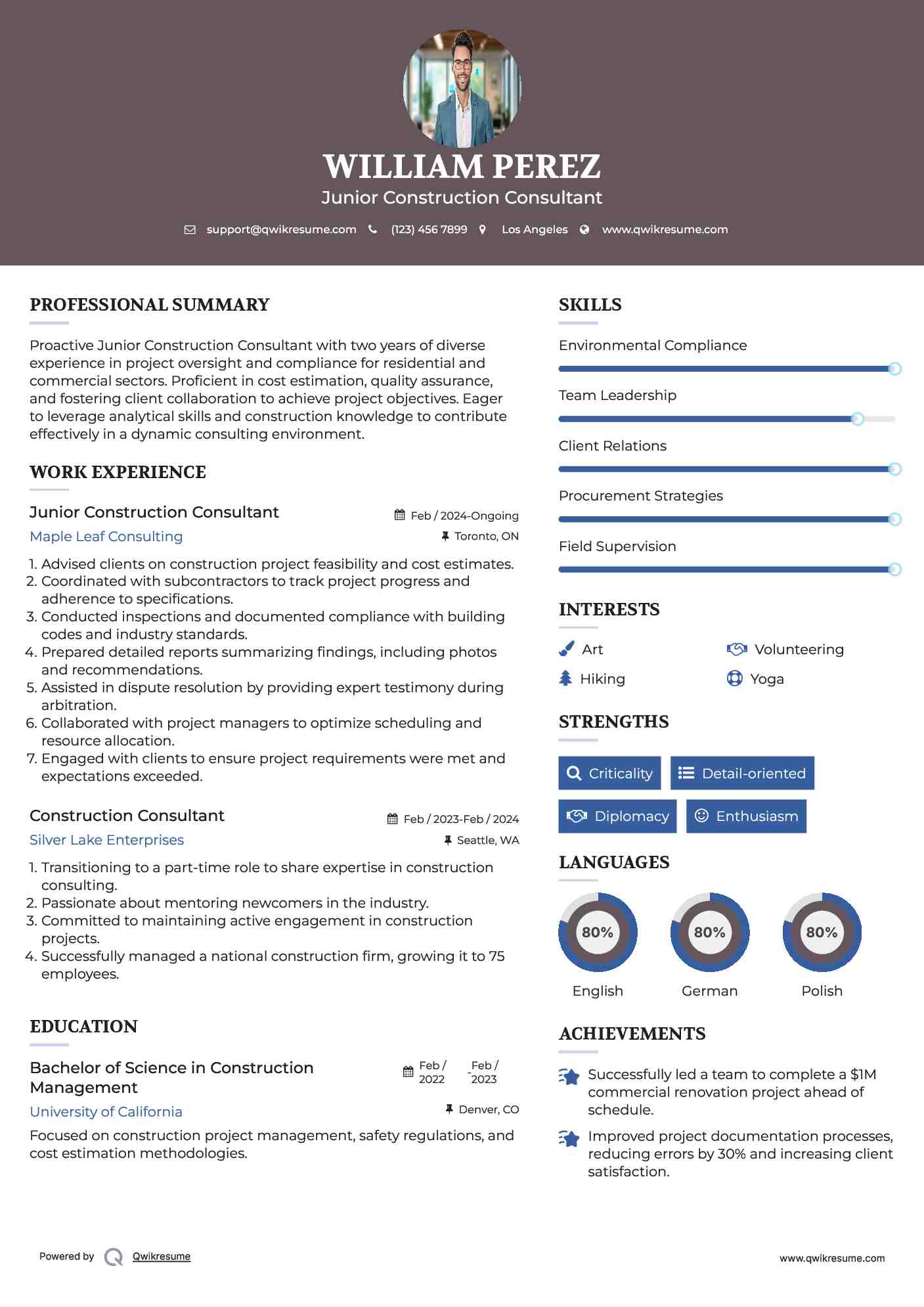 Junior Construction Consultant Resume Format