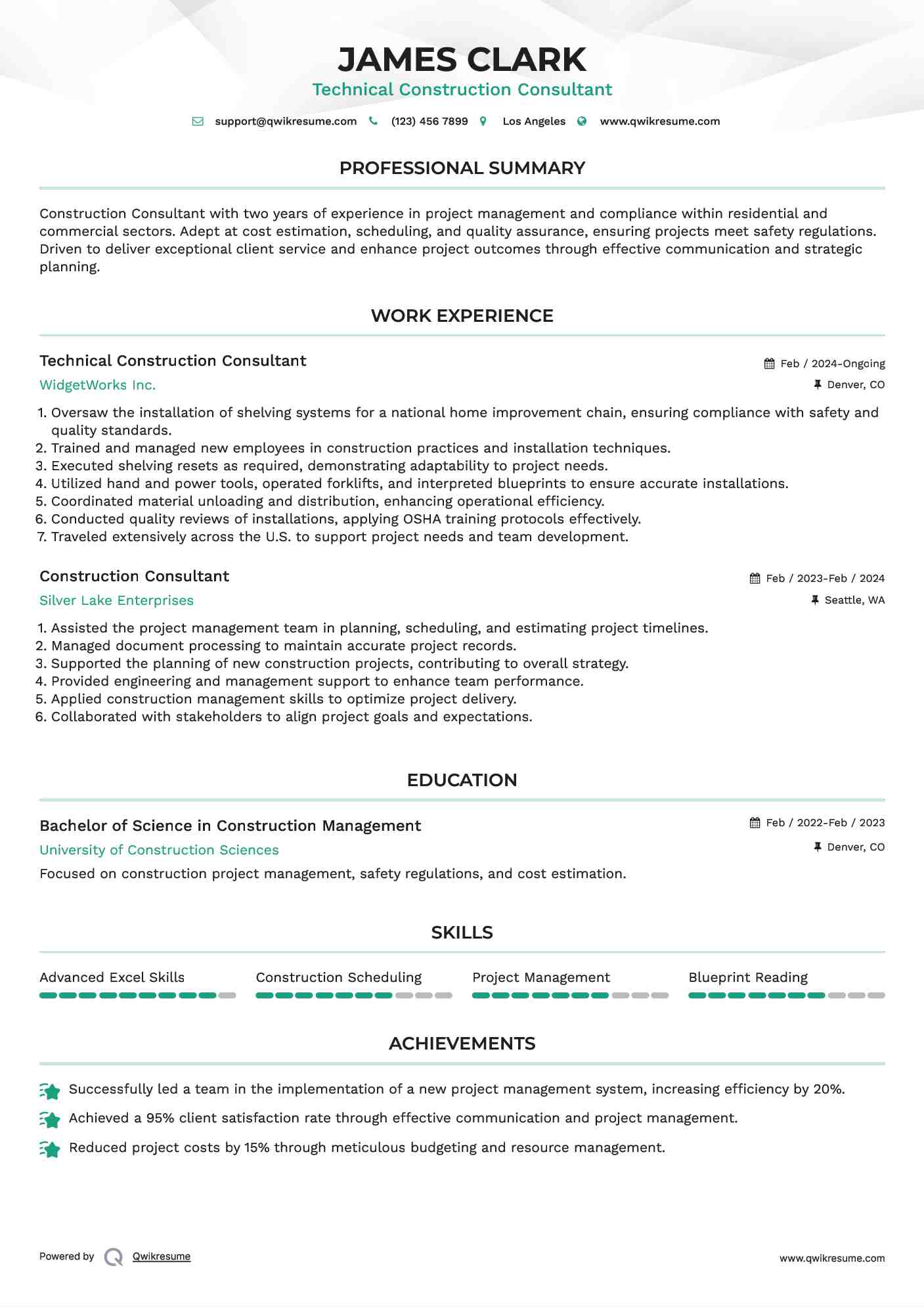 Technical Construction Consultant Resume Sample