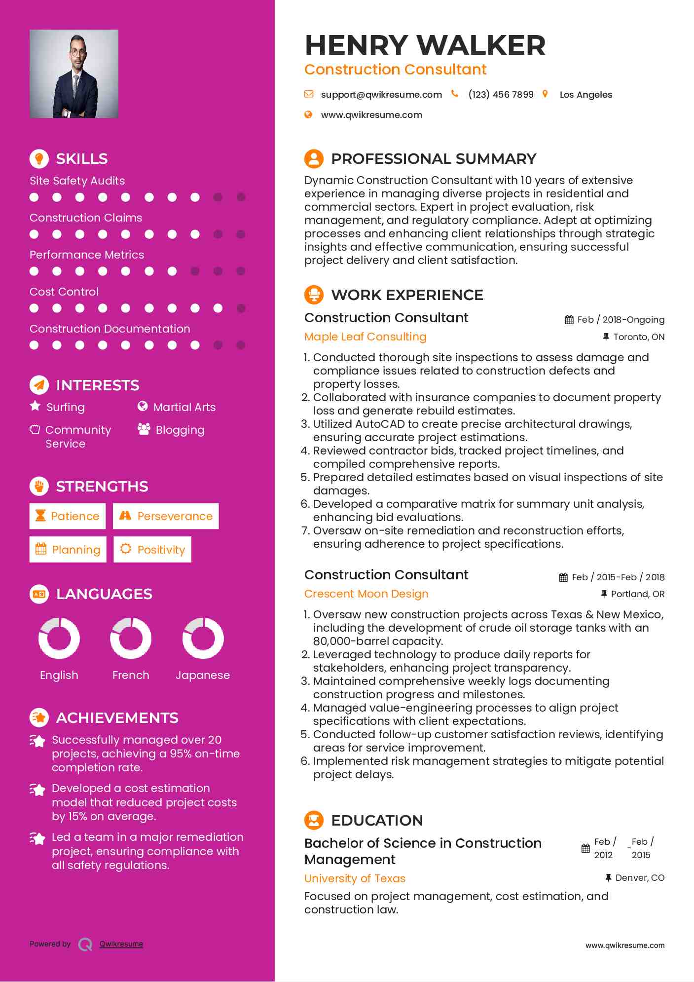 Construction Consultant Resume Model
