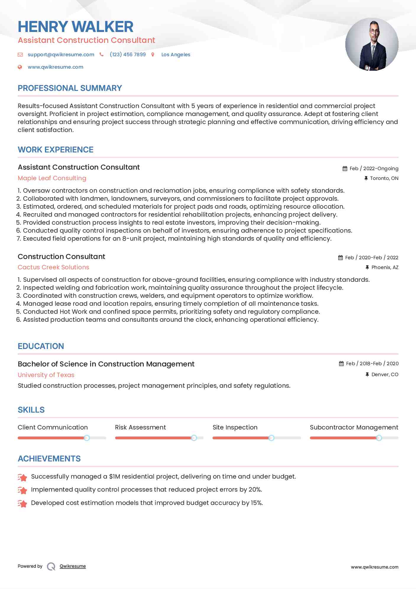 Assistant Construction Consultant Resume Template