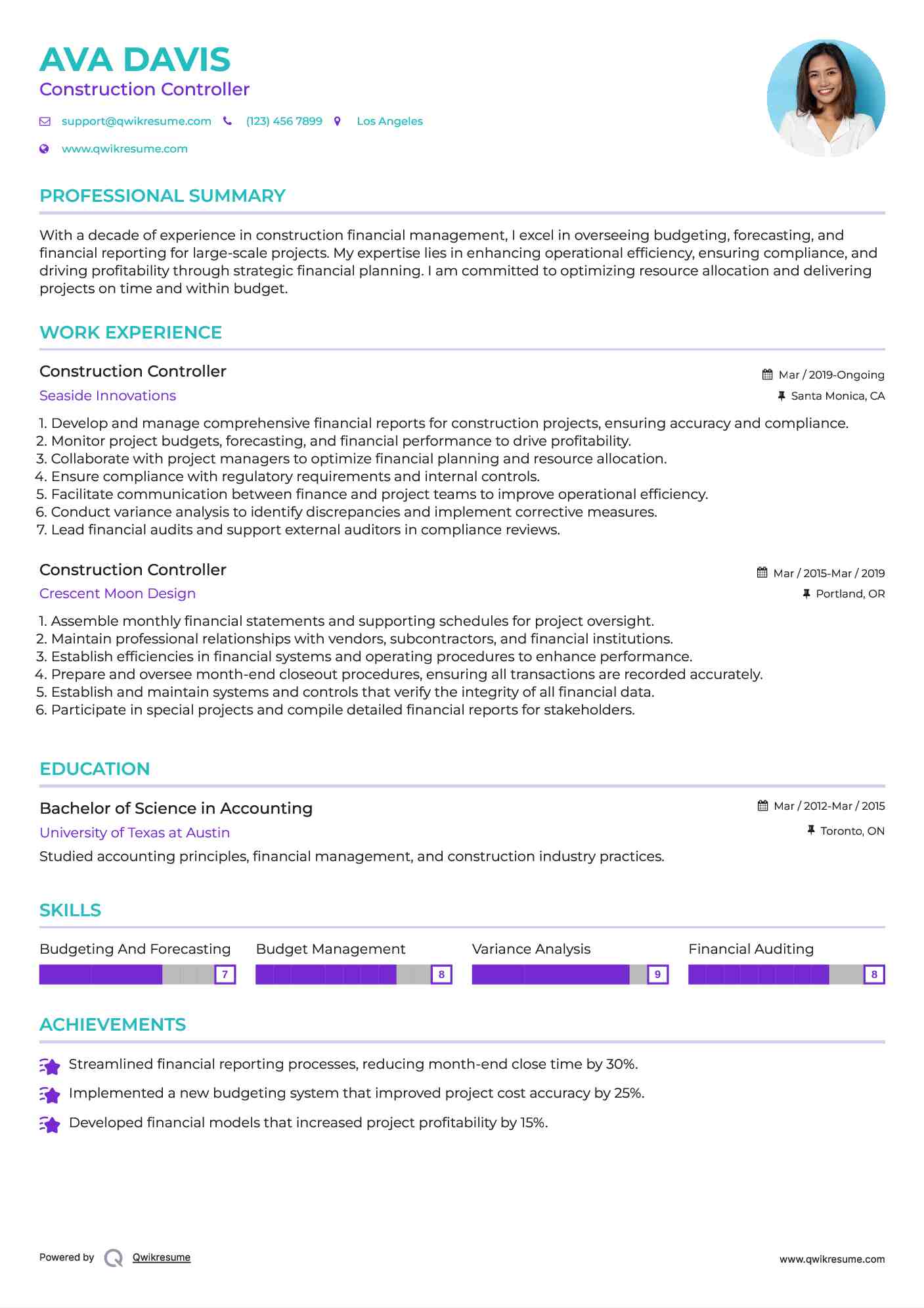 Construction Controller Resume Model