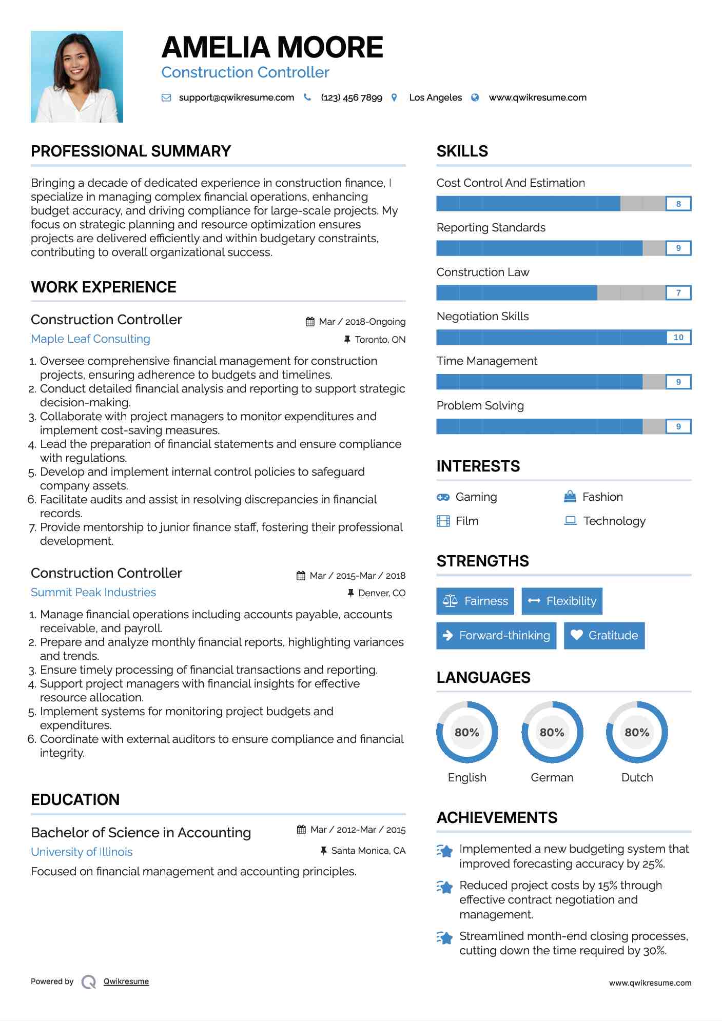 Construction Controller Resume Sample