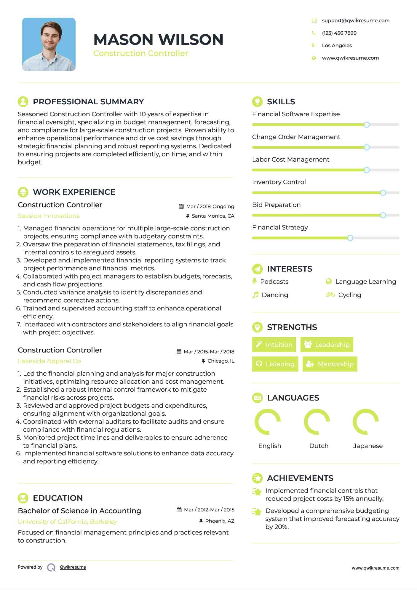 Construction Controller Resume Template