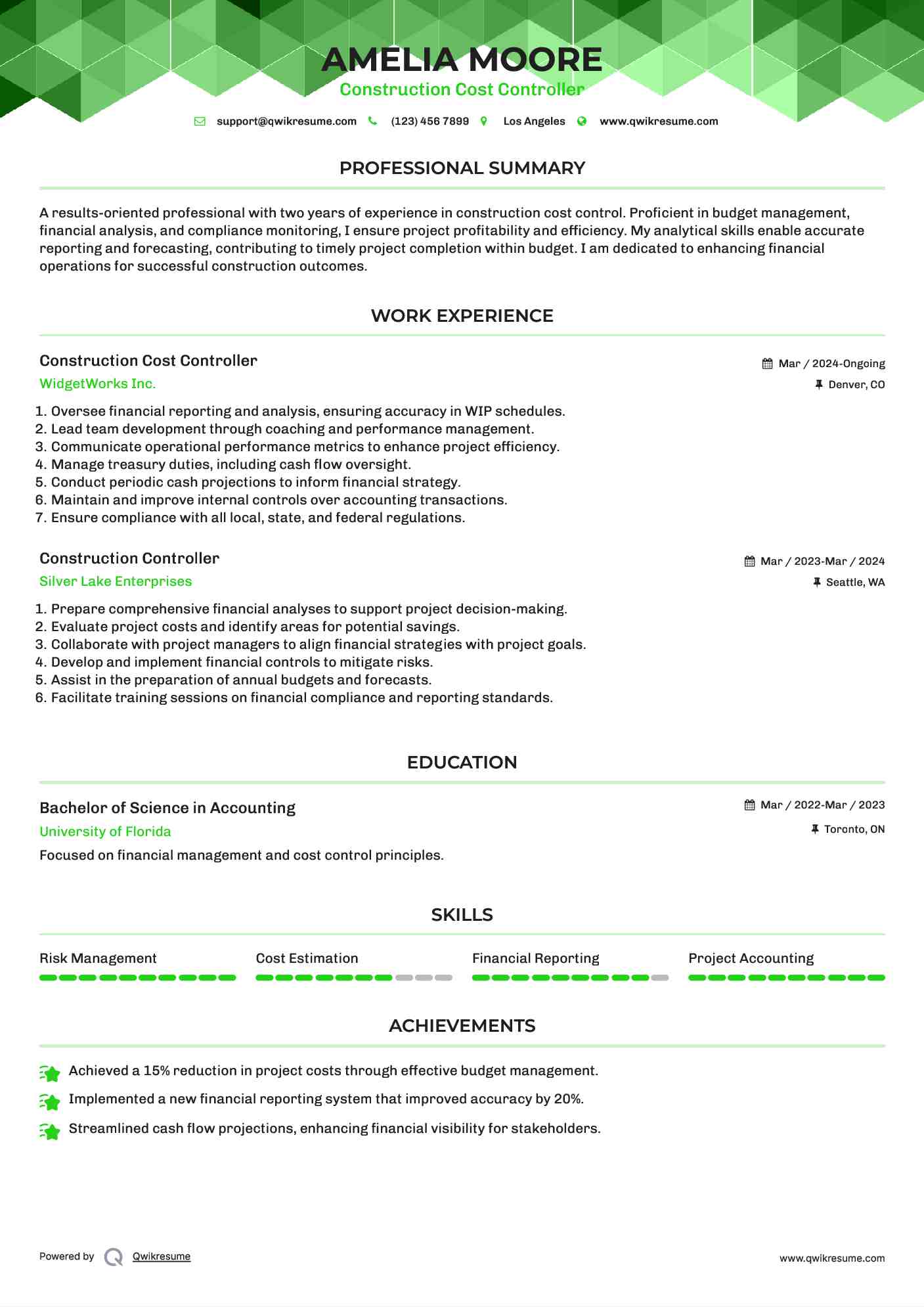Construction Cost Controller
 Resume Example