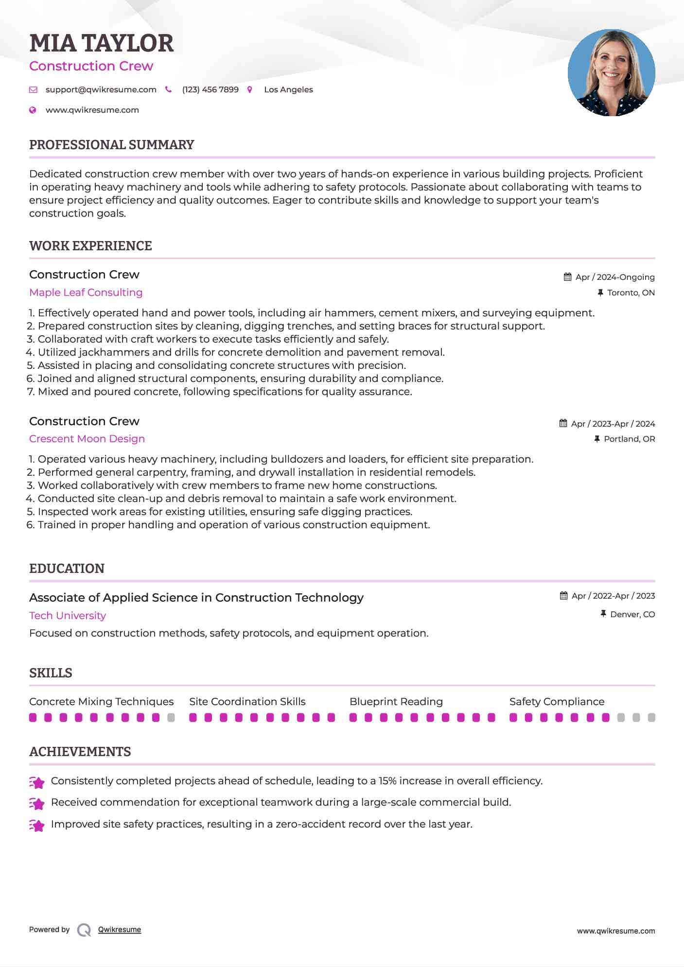 Construction Crew Resume Format