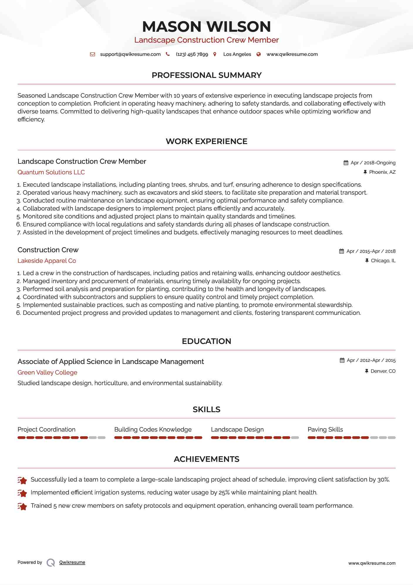 Landscape Construction Crew Member
 Resume Example