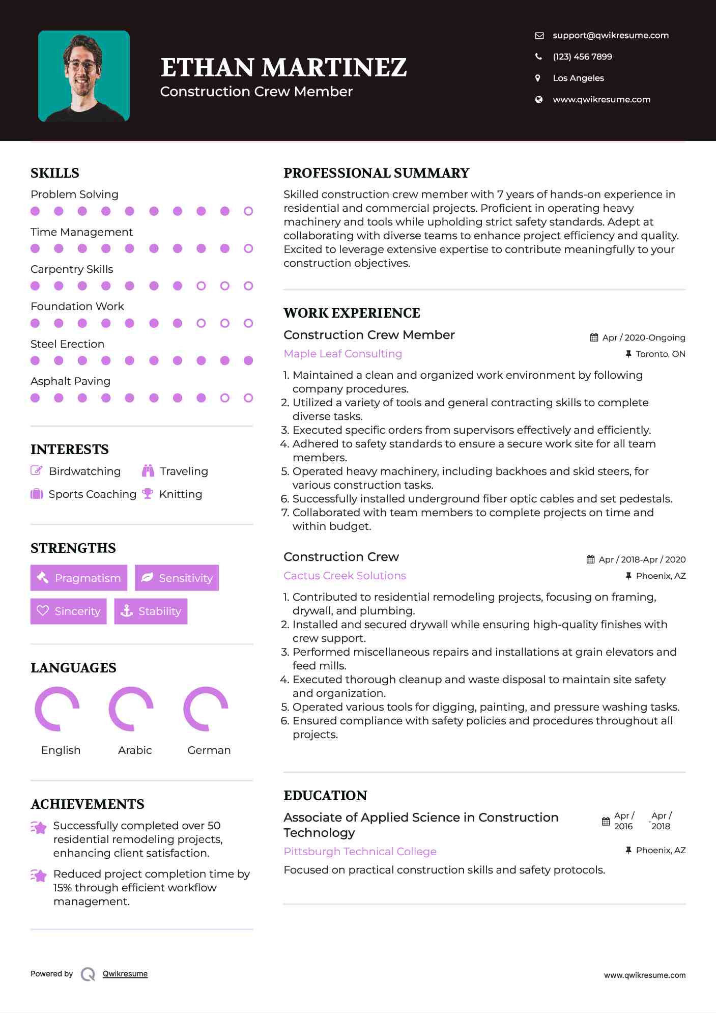 Construction Crew Member
 Resume Example