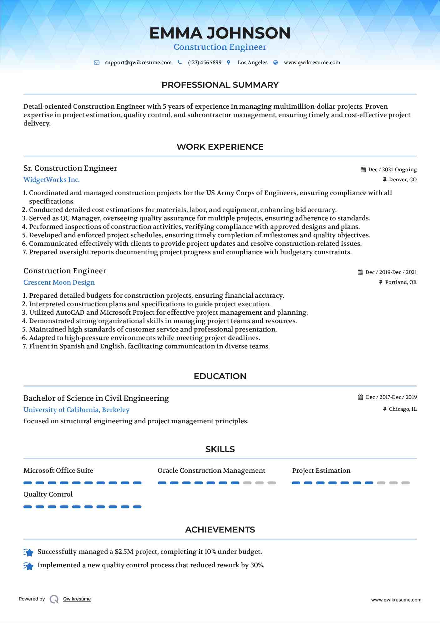 Sr. Construction Engineer Resume Model