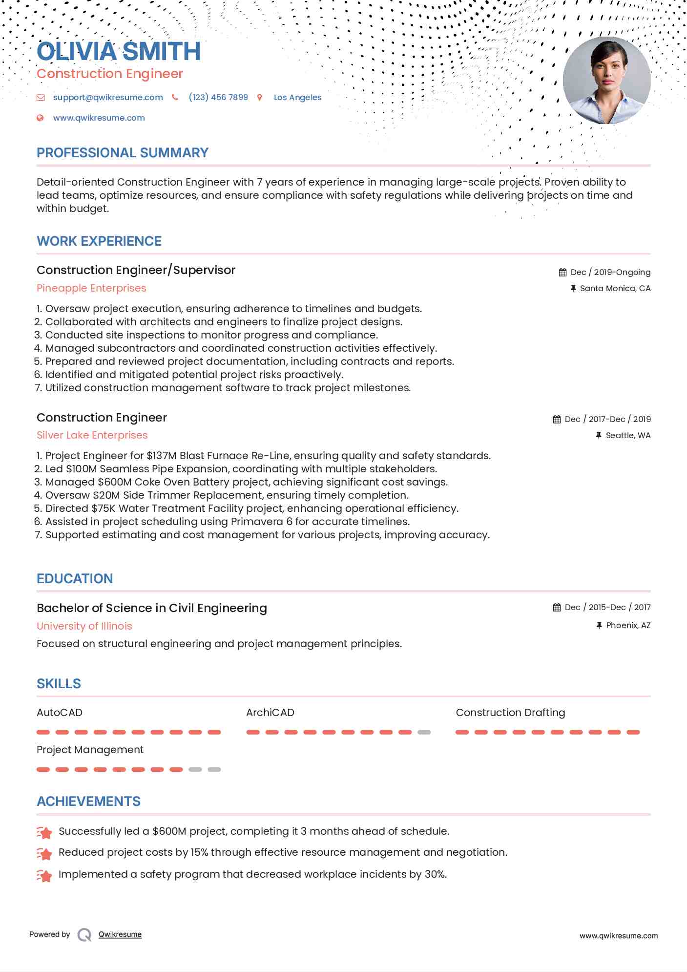 Construction Engineer/Supervisor Resume Sample