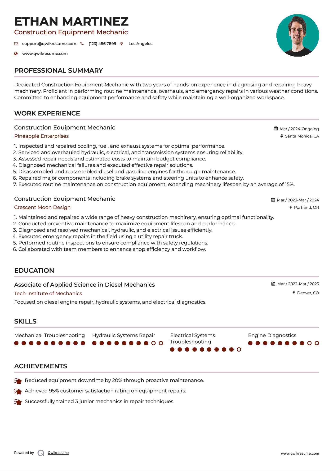 Construction Equipment Mechanic Resume Model