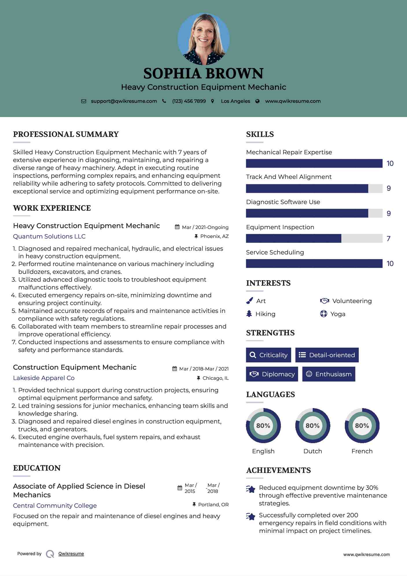 Heavy Construction Equipment Mechanic Resume Example