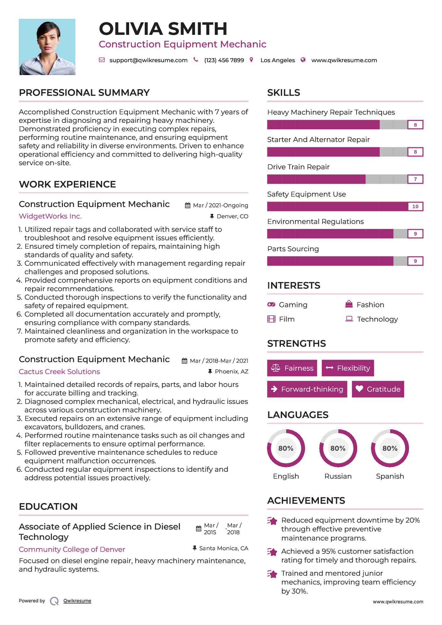 Construction Equipment Mechanic Resume Format