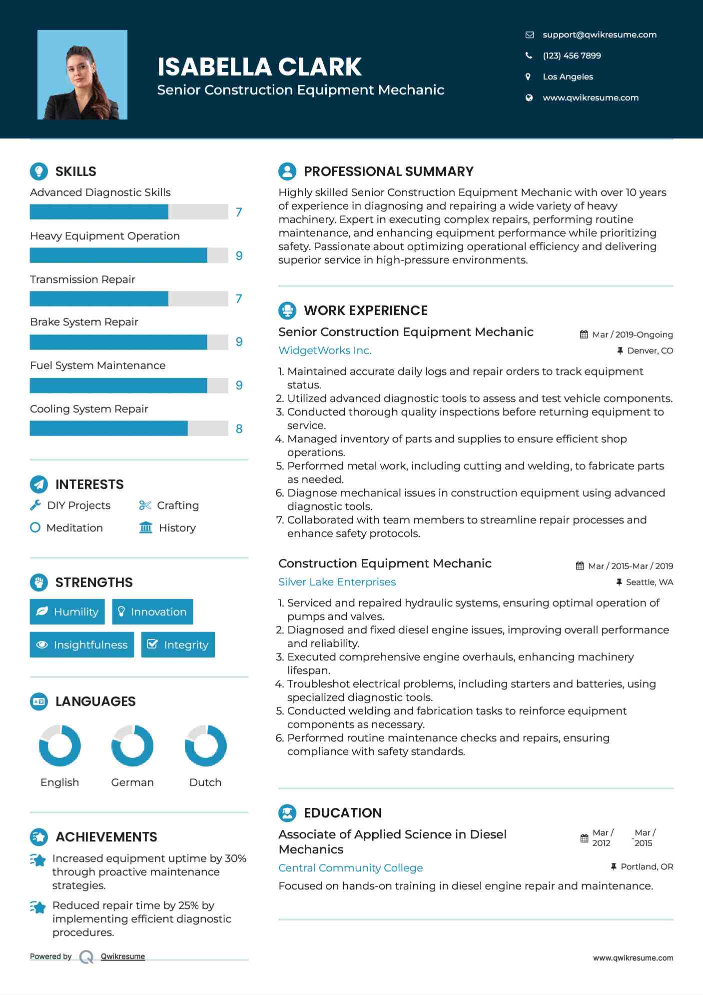 Senior Construction Equipment Mechanic Resume Format