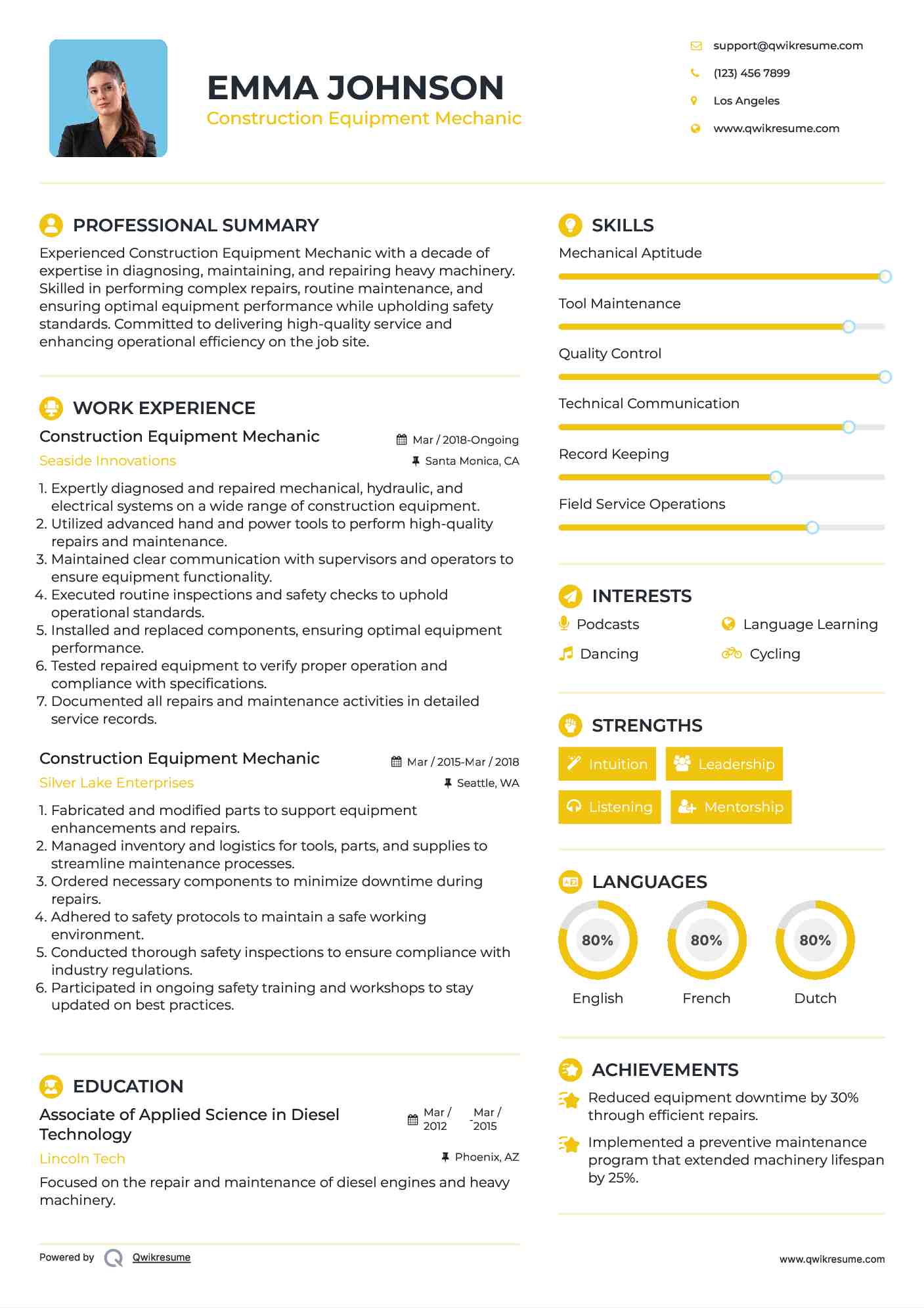 Construction Equipment Mechanic Resume Model