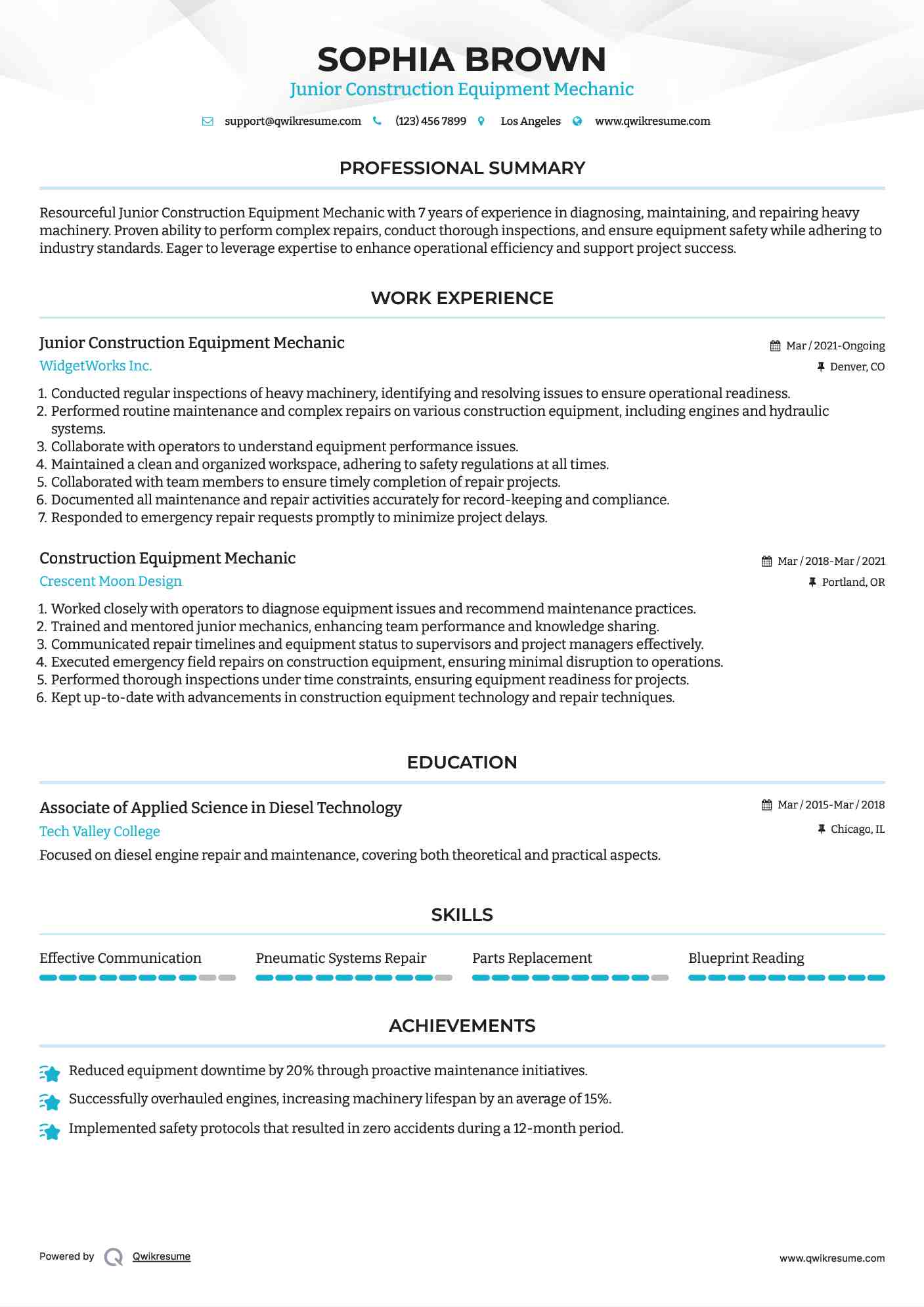 Junior Construction Equipment Mechanic Resume Example