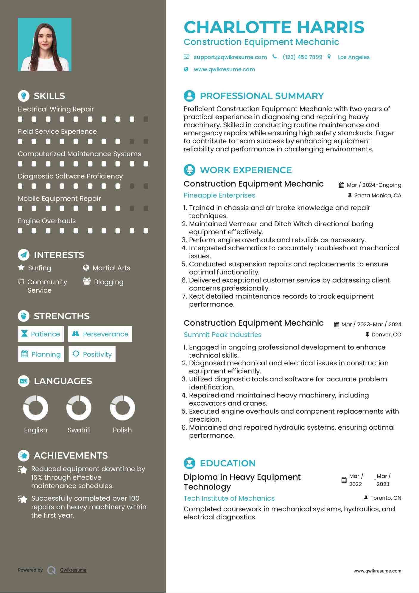 Construction Equipment Mechanic Resume Format
