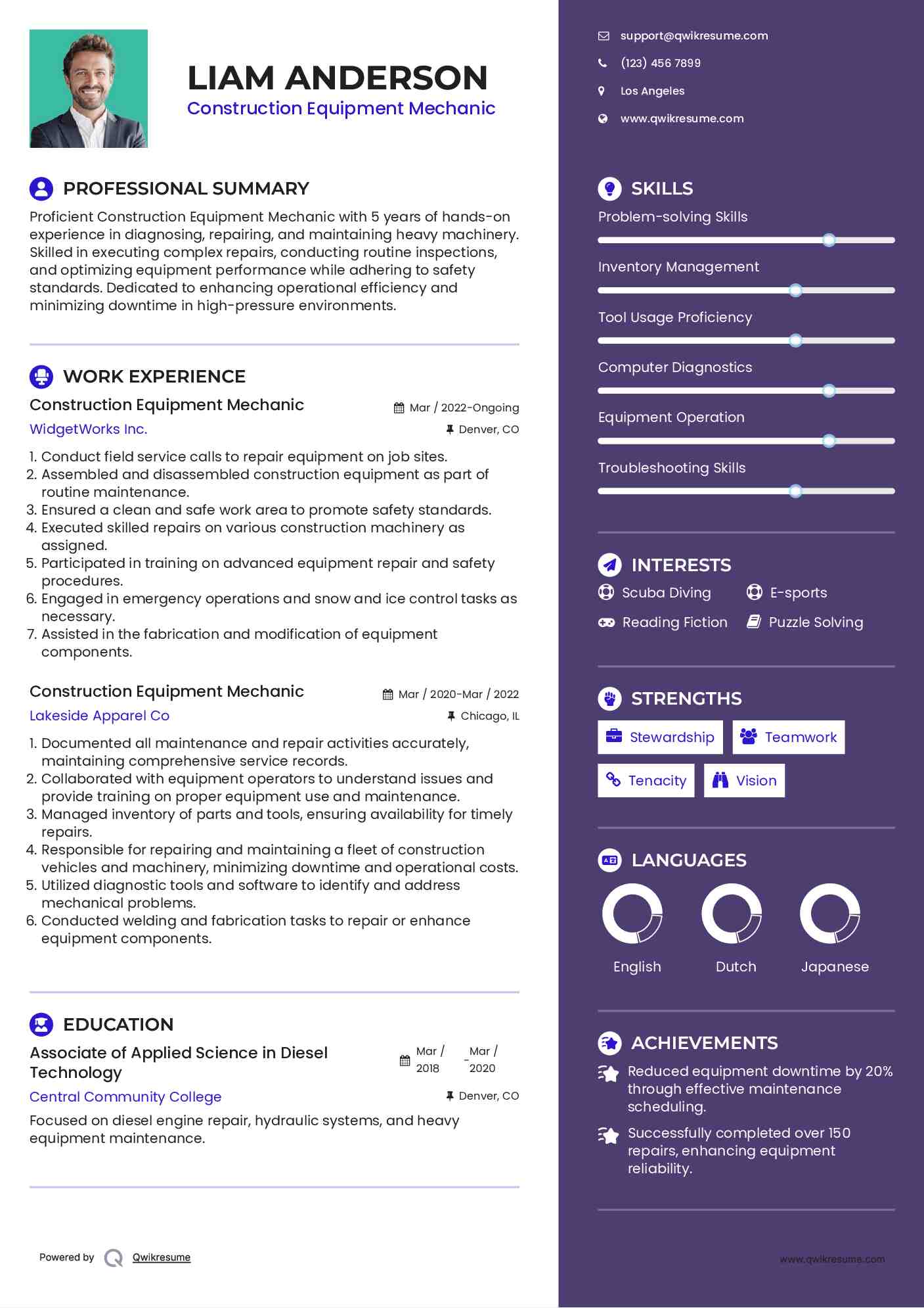 Construction Equipment Mechanic Resume Template