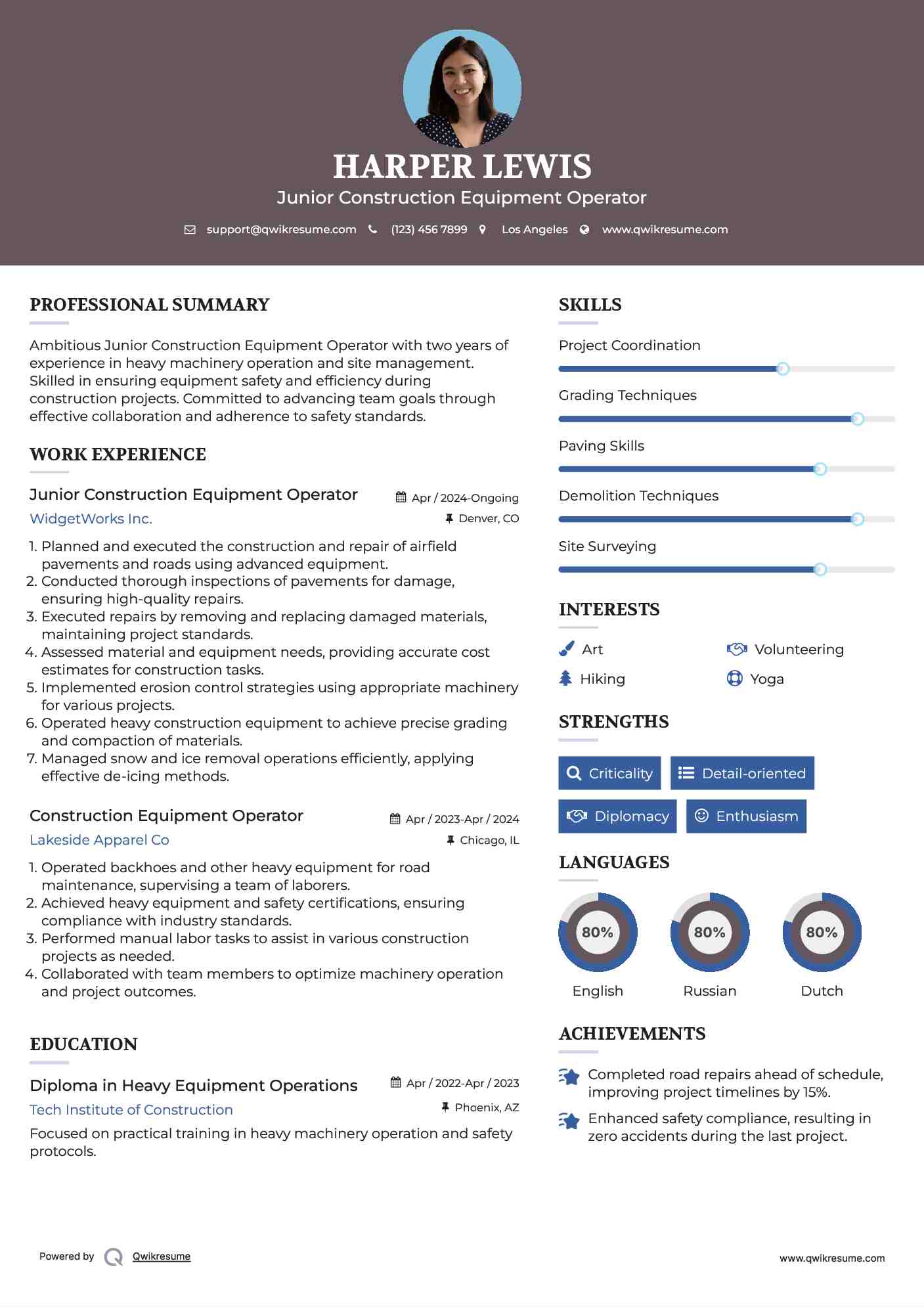 Junior Construction Equipment Operator Resume Example