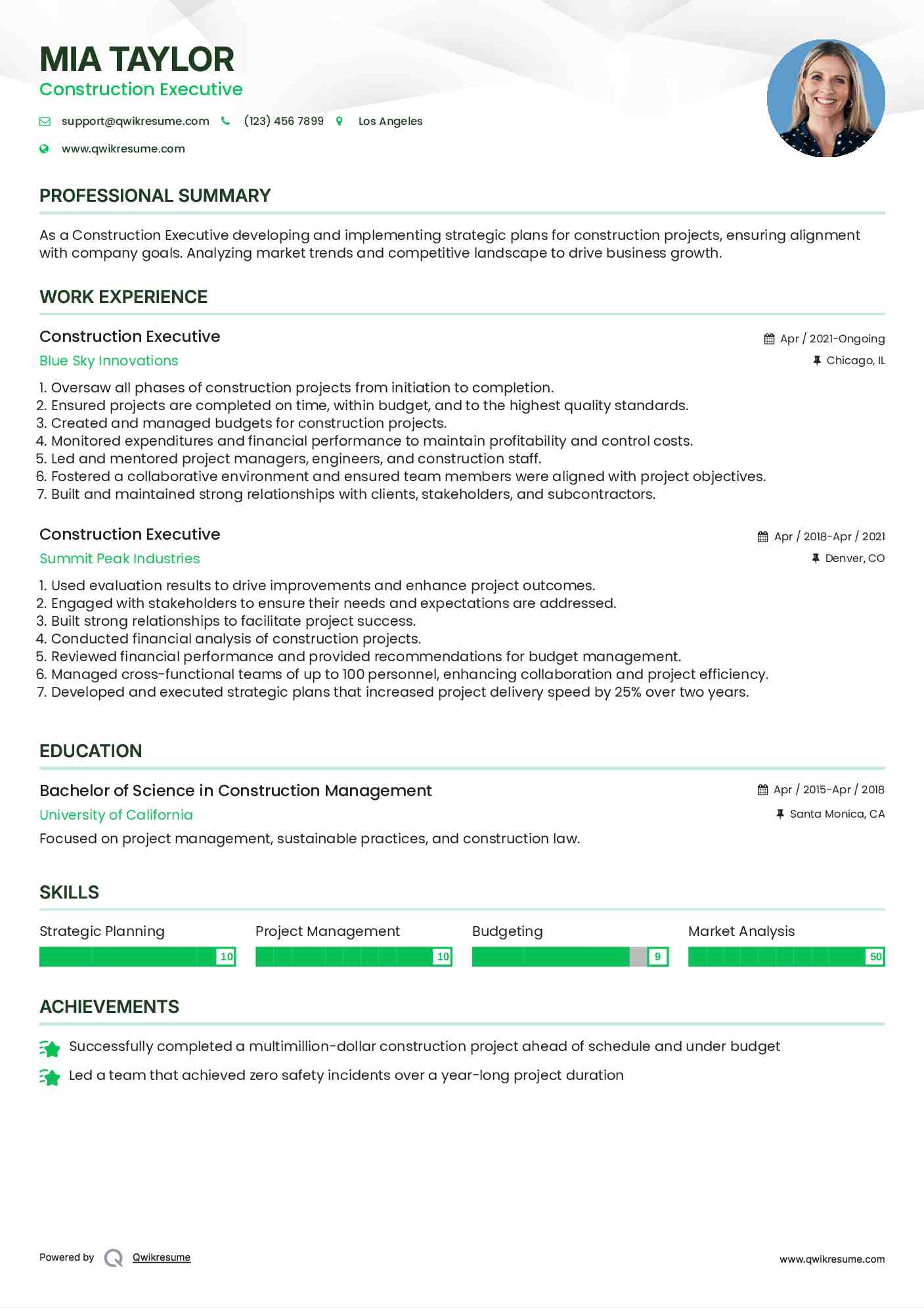 Construction Executive Resume Template