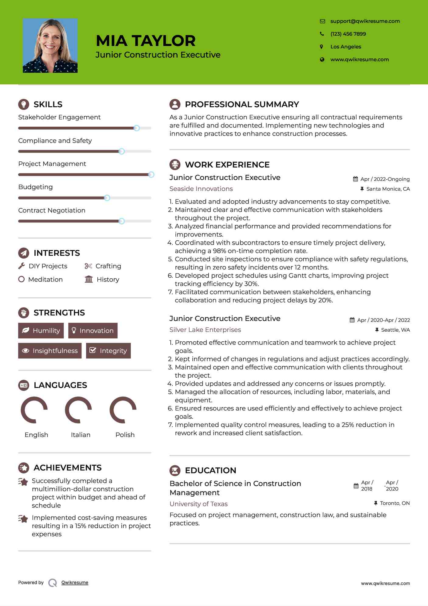 Junior Construction Executive Resume Template