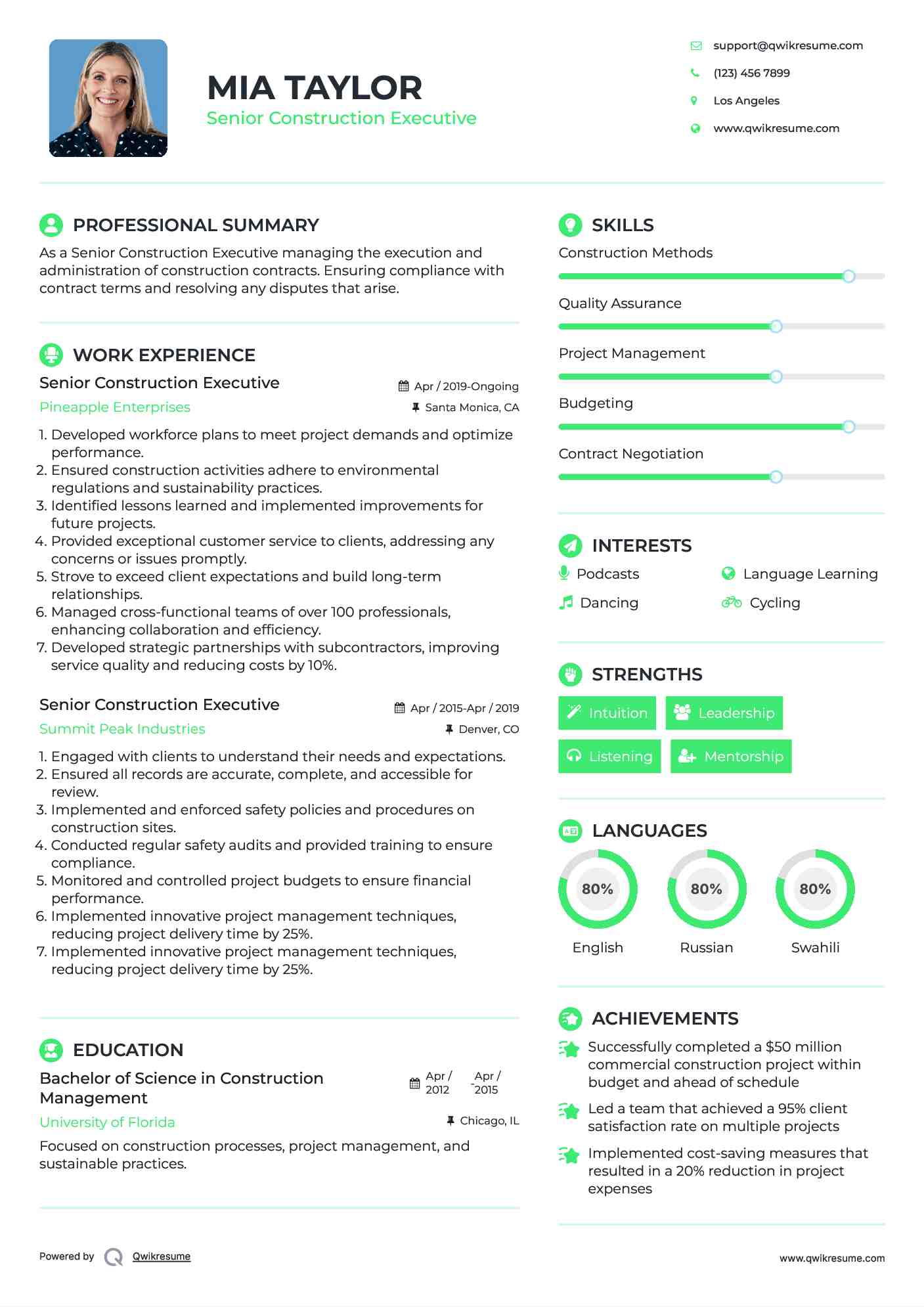 Senior Construction Executive Resume Sample